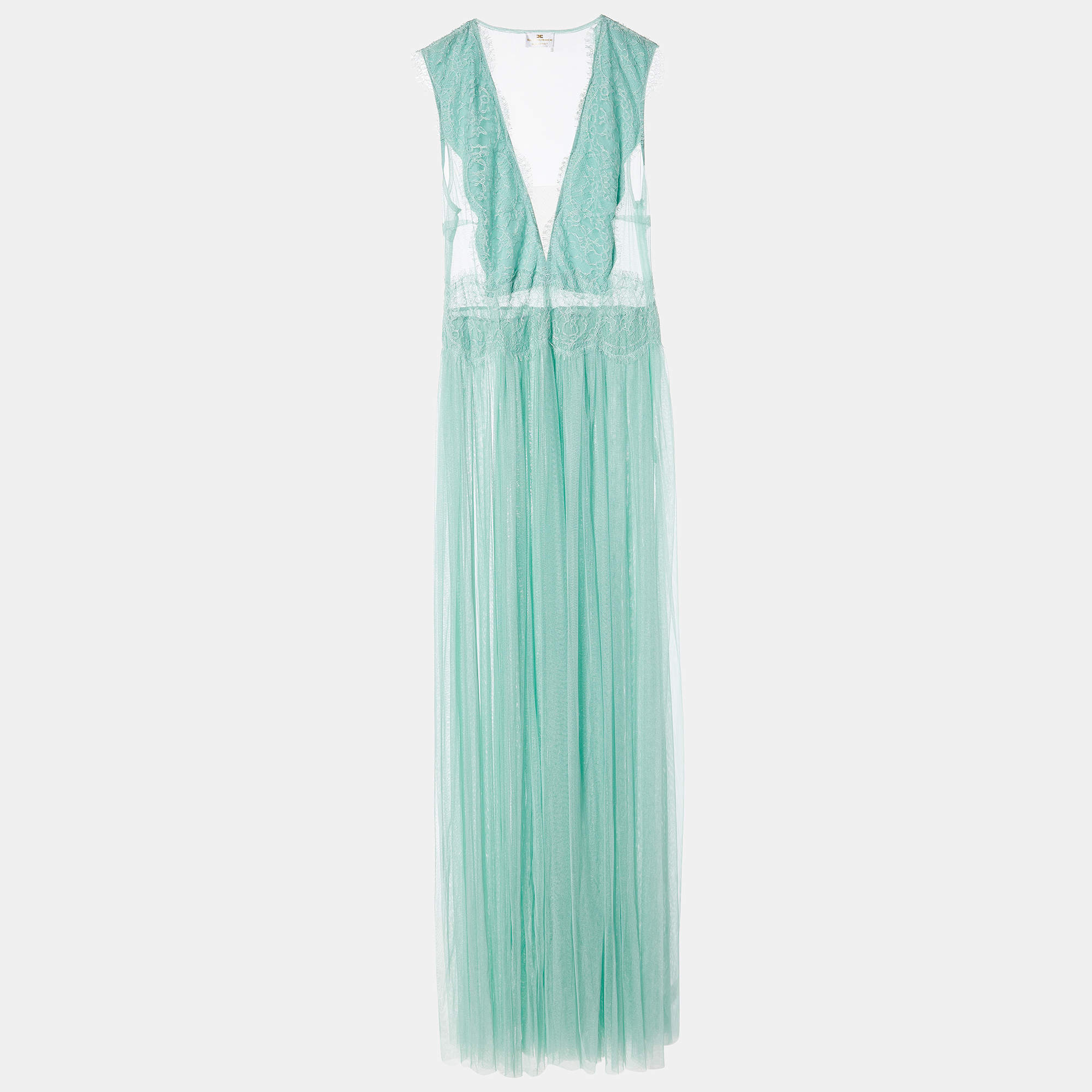 Pre Owned Elisabetta Franchi Mint Green Lace & Tulle Sleeveless Gown L
