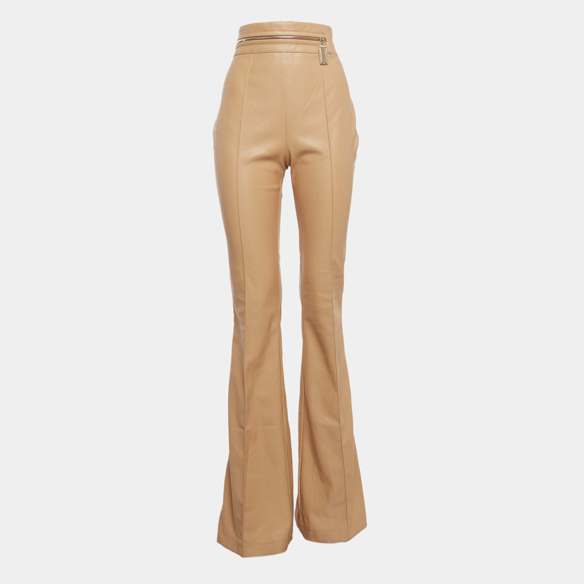 Pre Owned Elisabetta Franchi Beige Faux Leather Wide Leg Pants M