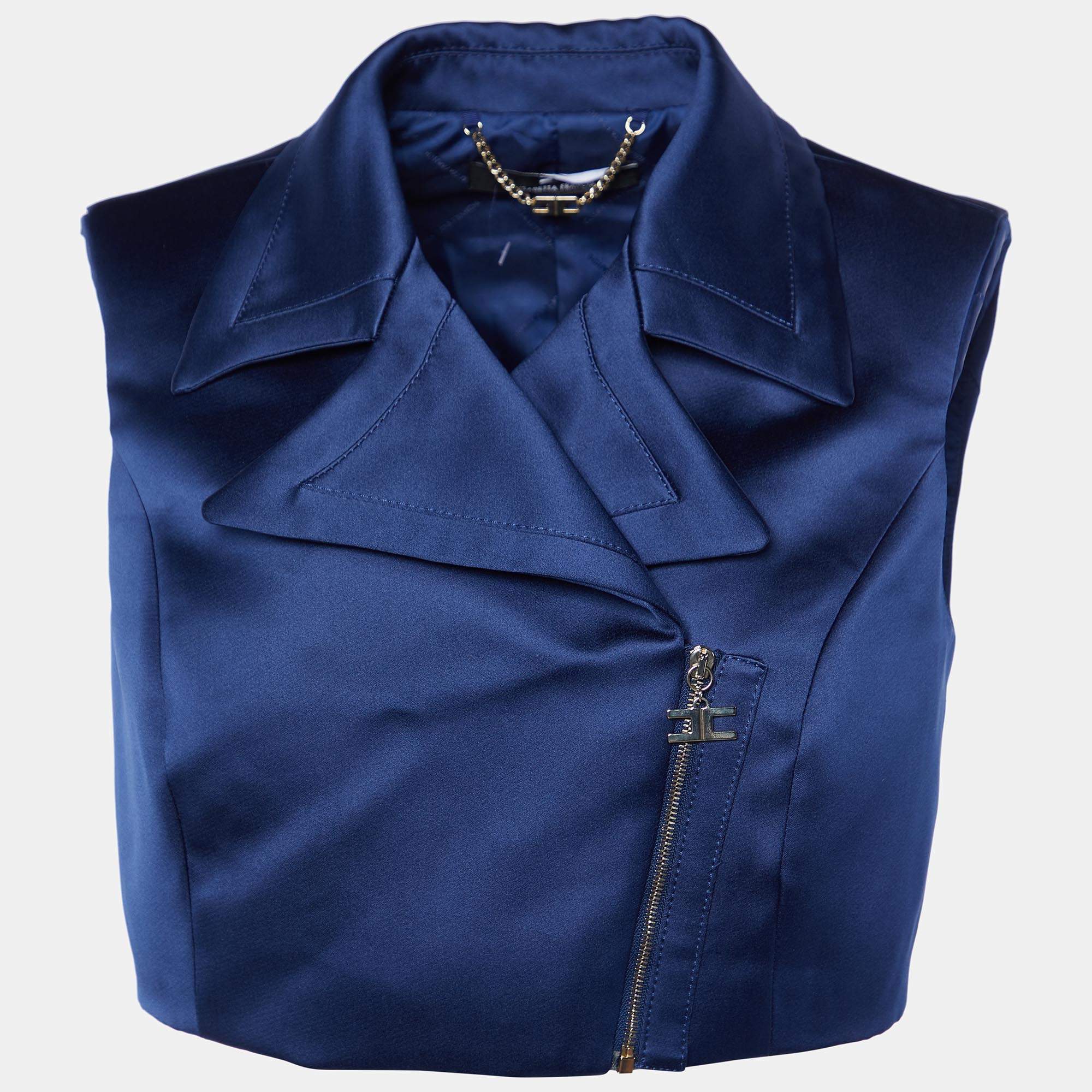 Pre Owned Elisabetta Franchi Blue Satin Cropped Gilet M