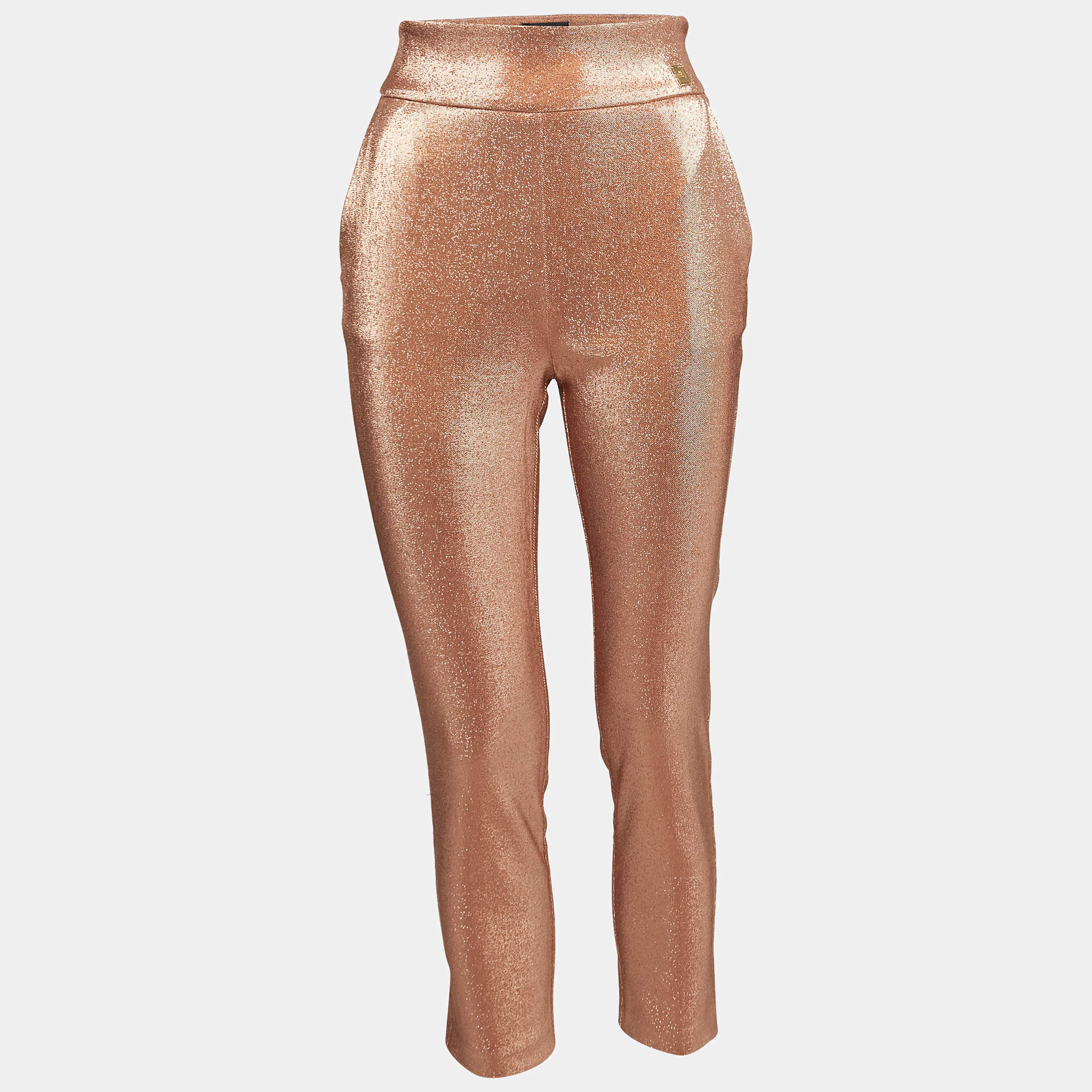 Elisabetta Franchi Metallic Rose Gold Lurex High Rise Cropped Trousers ...