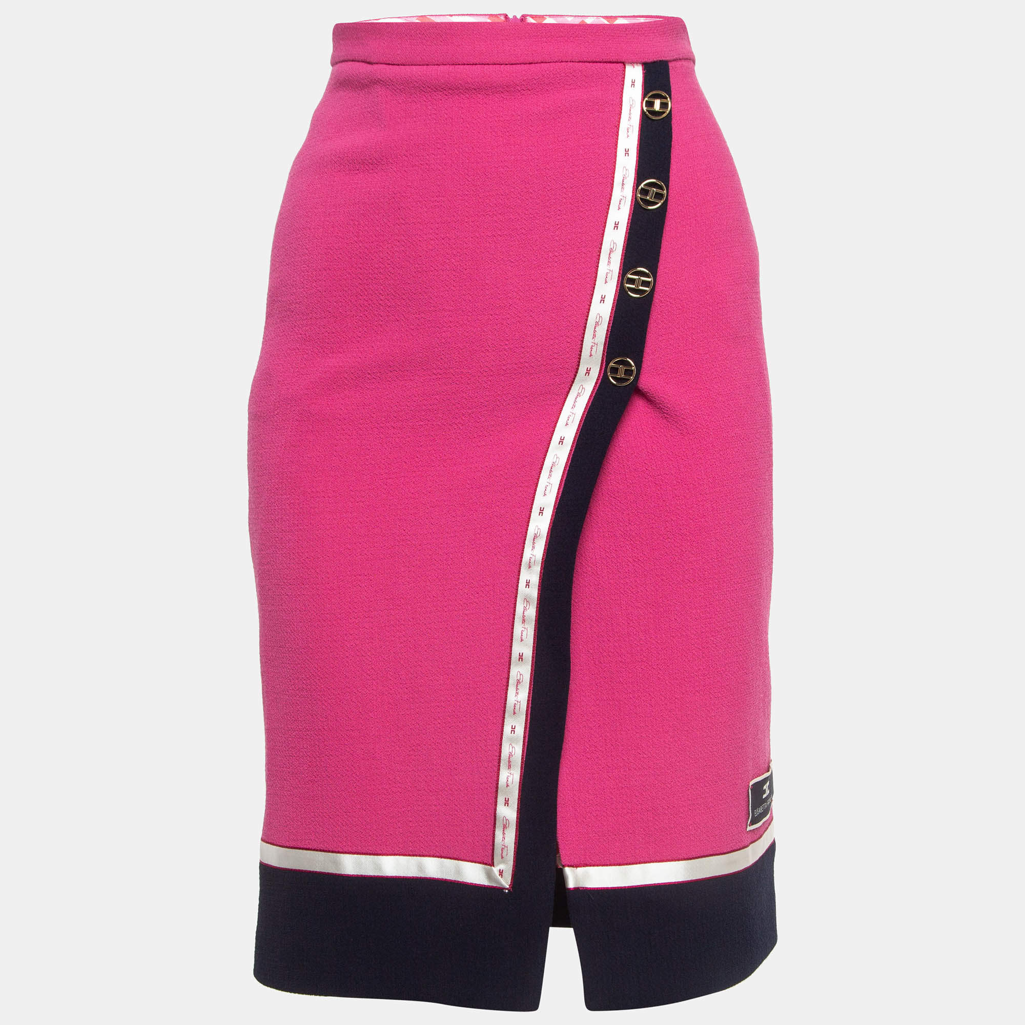 Elisabetta Franchi Pink Crinkle Wool Midi Skirt S