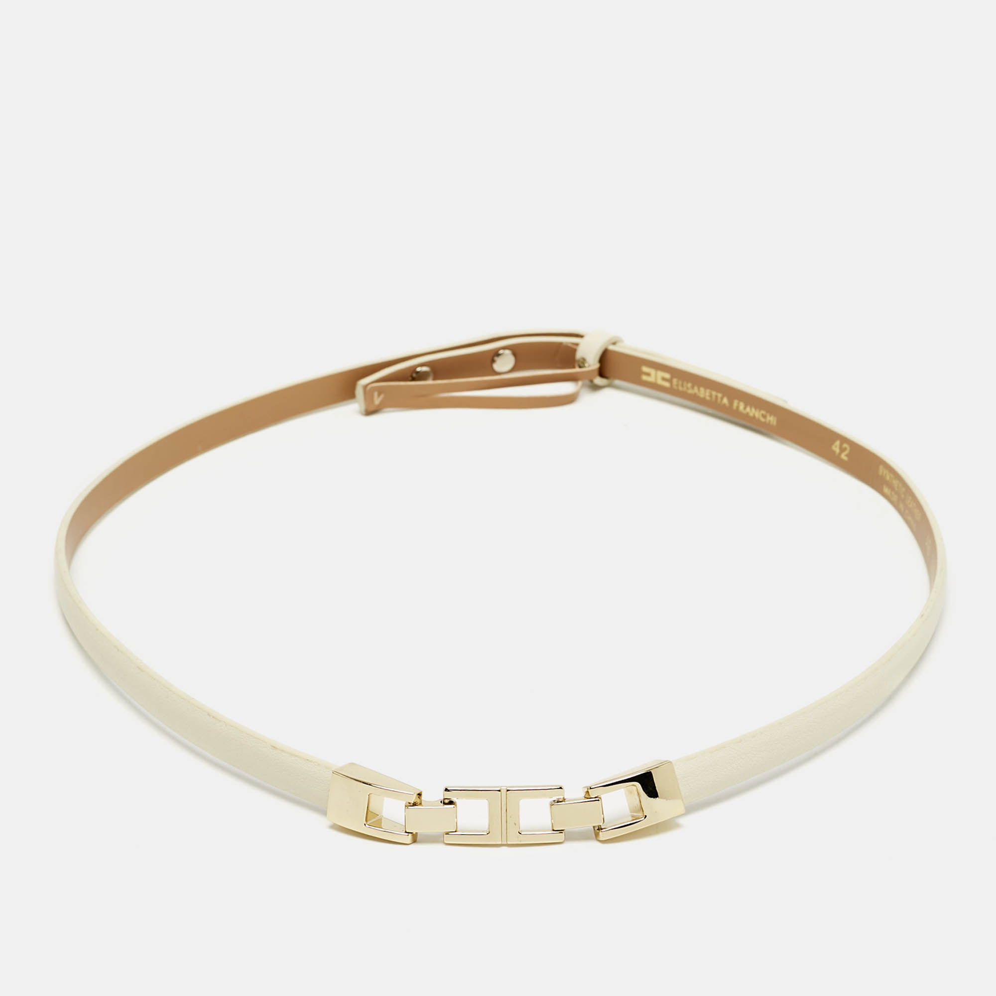 Pre Owned Elisabetta Franchi Cream Faux Leather Slim Belt 42