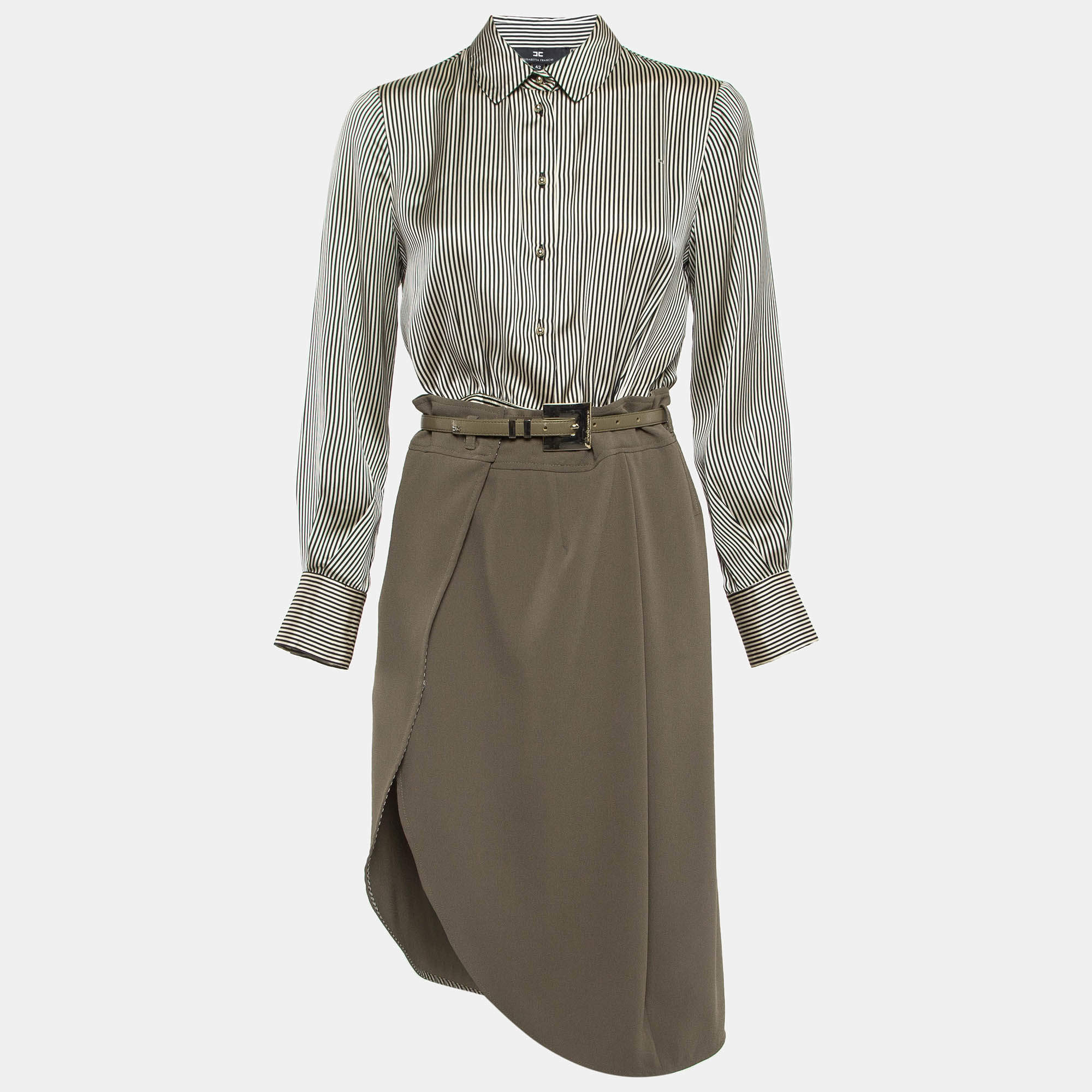 Pre Owned Elisabetta Franchi White Pinstripe Satin & Georgette Detachable Skirt Short Dress M