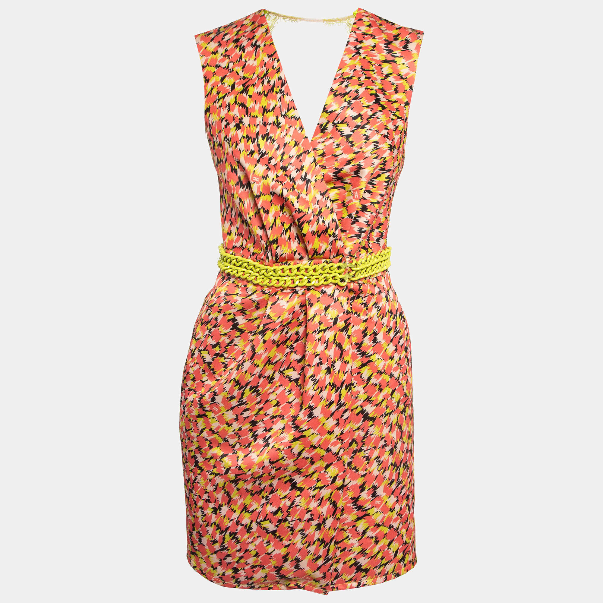 Pre Owned Elisabetta Franchi Multicolor Crepe Detailed Waist Wrap Mini Dress M