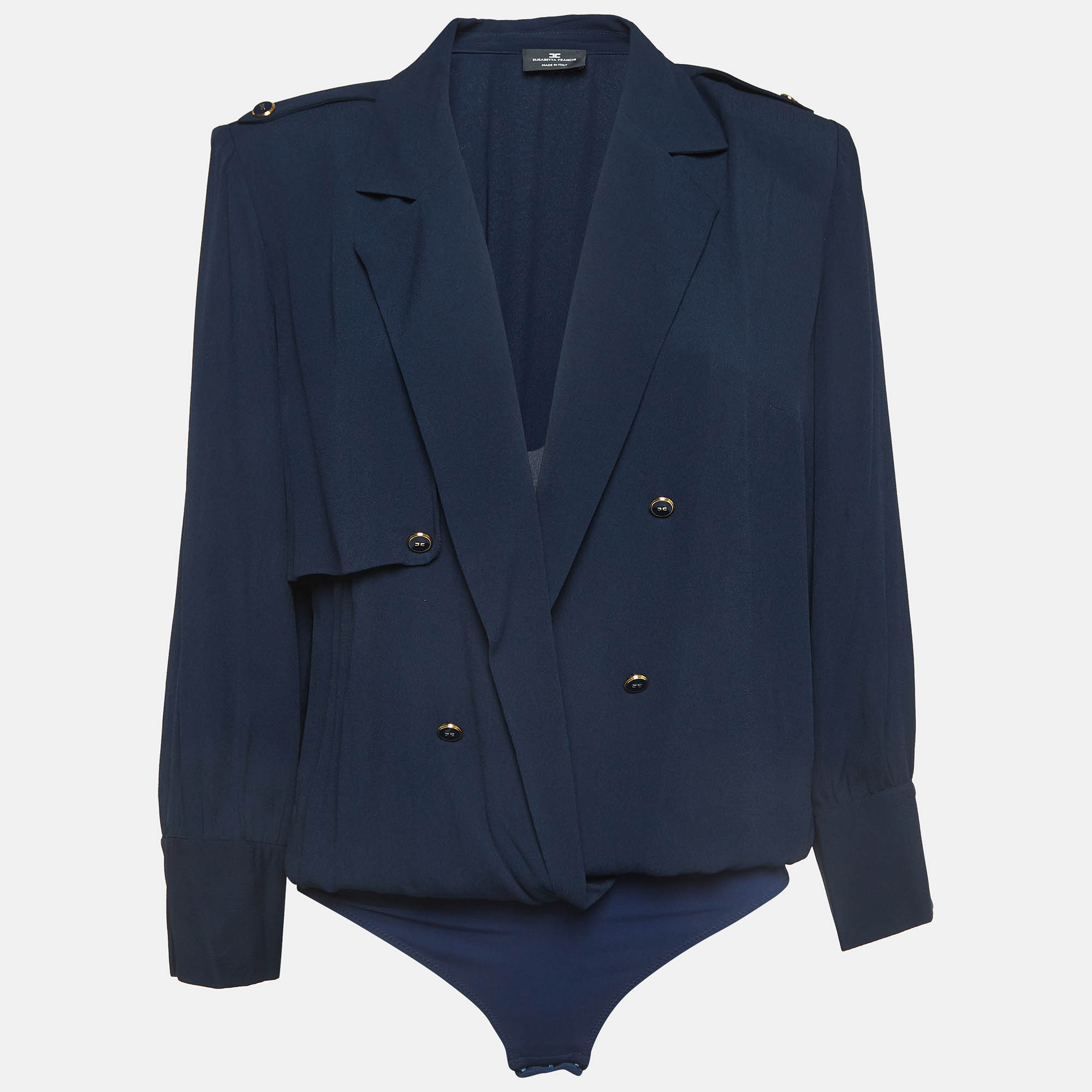 Elisabetta Franchi Navy Blue Crepe Draped Long Sleeve Bodysuit L