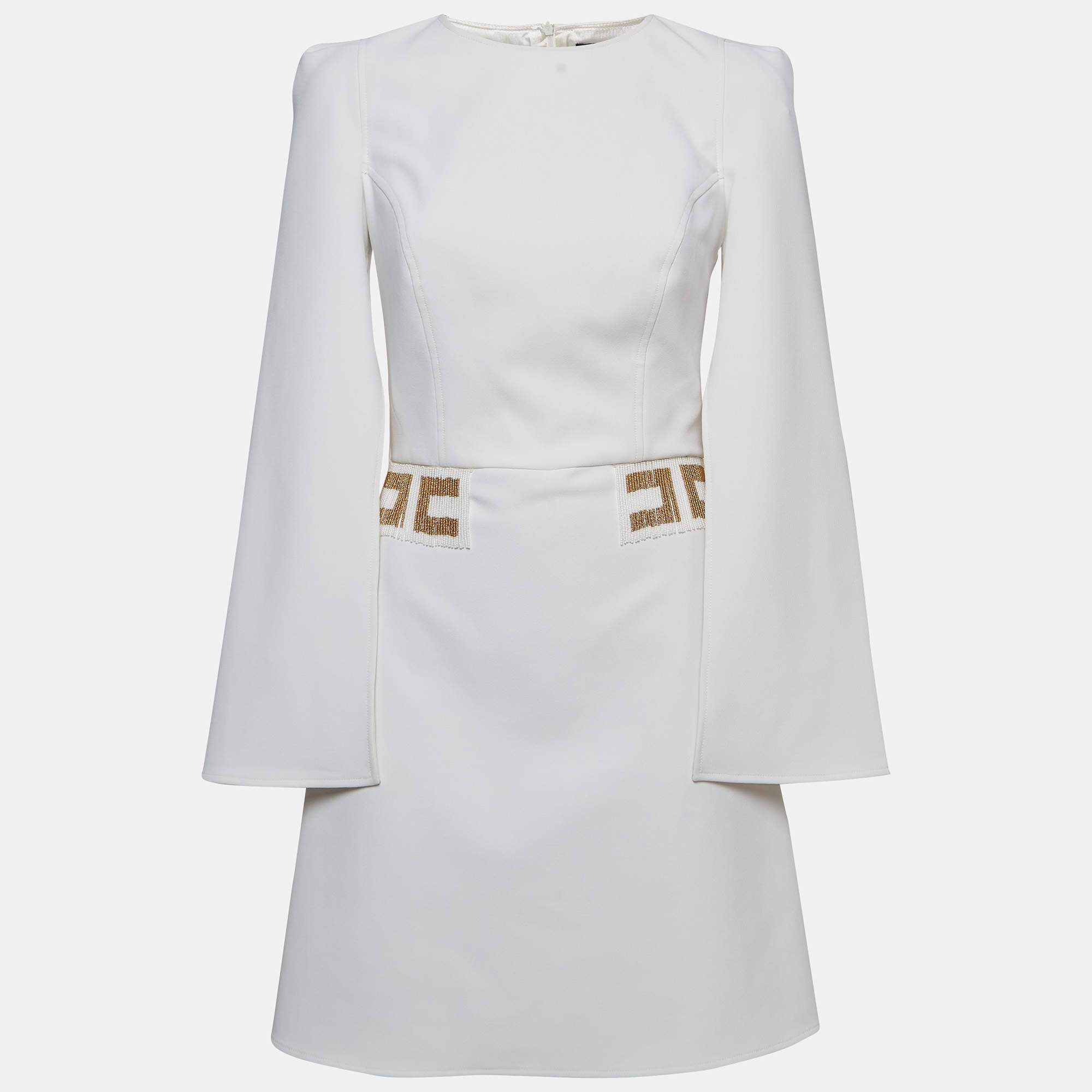 Pre Owned Elisabetta Franchi White Crepe Embellished Waist Mini Dress M