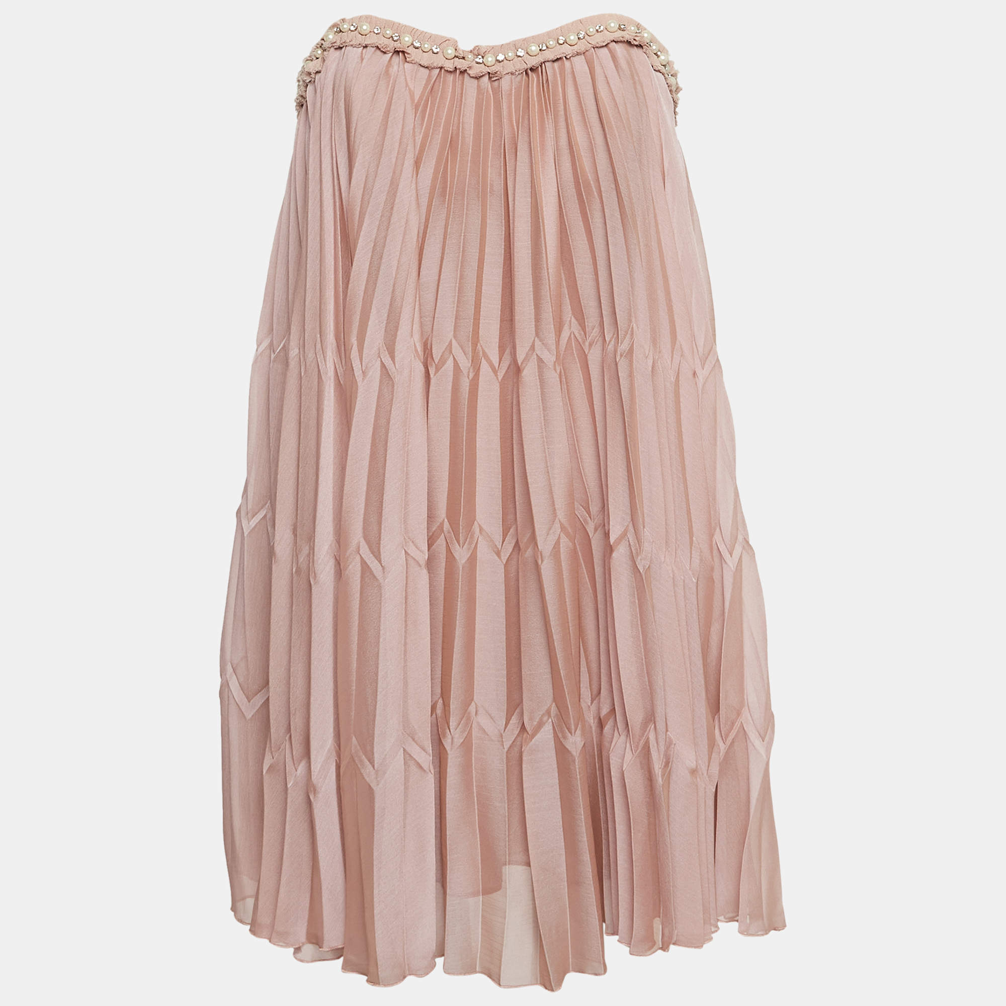 Pre Owned Elisabetta Franchi Pink Pearl Detail Chiffon Strapless Mini Dress M