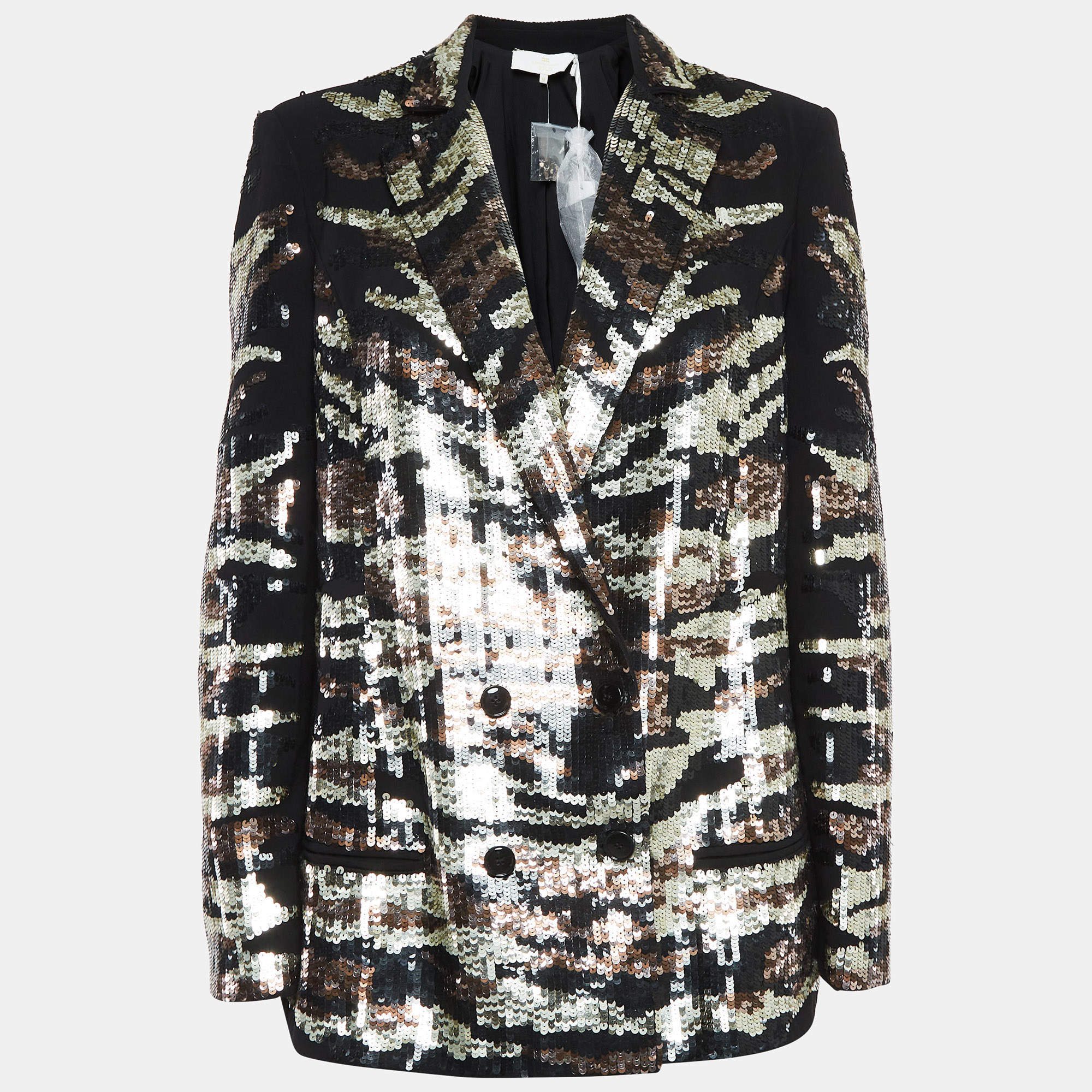 Pre Owned Elisabetta Franchi Black/Gold Sequin Crepe Blazer M