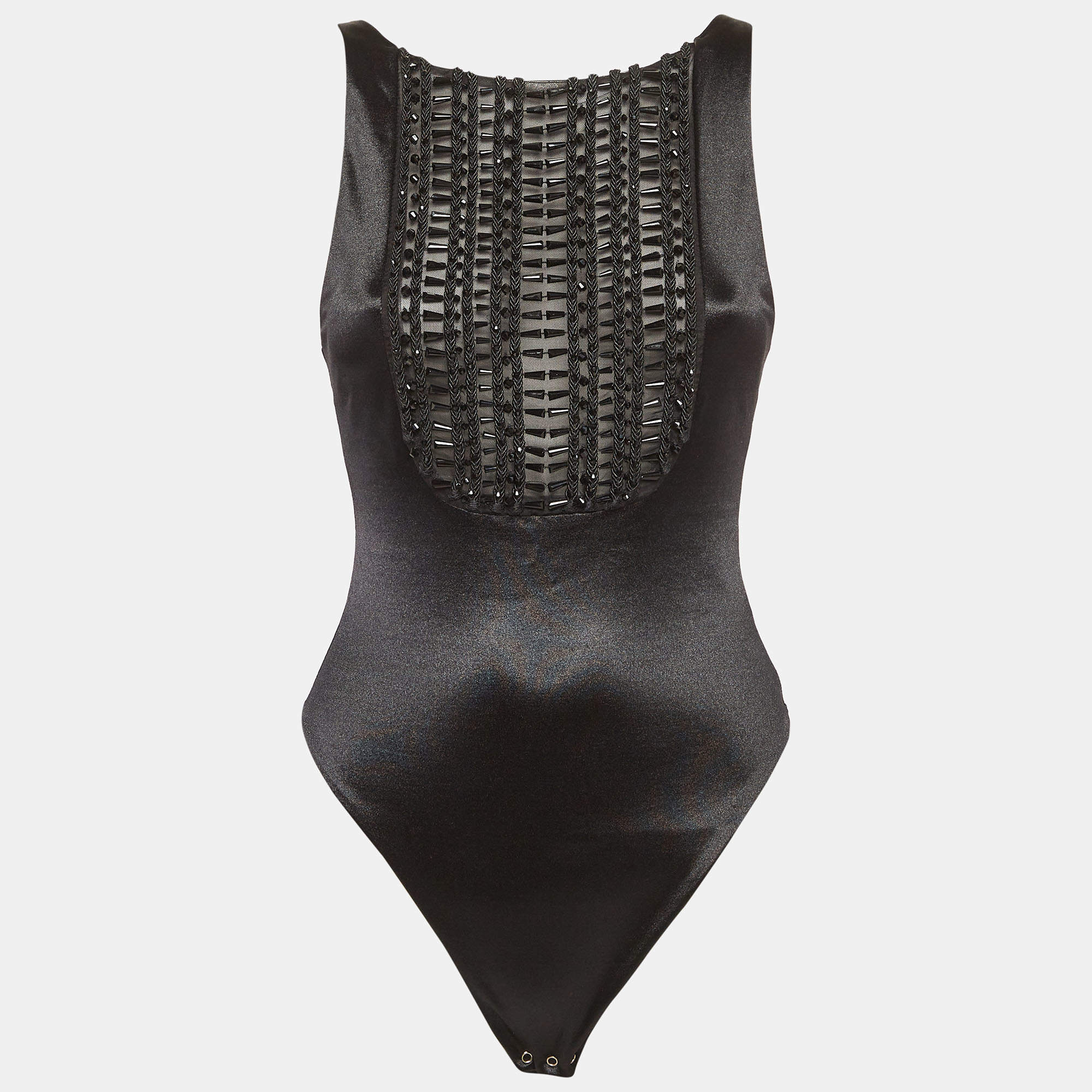 Pre Owned Elisabetta Franchi Black Beaded Jersey Sem Sheer Bodysuit M