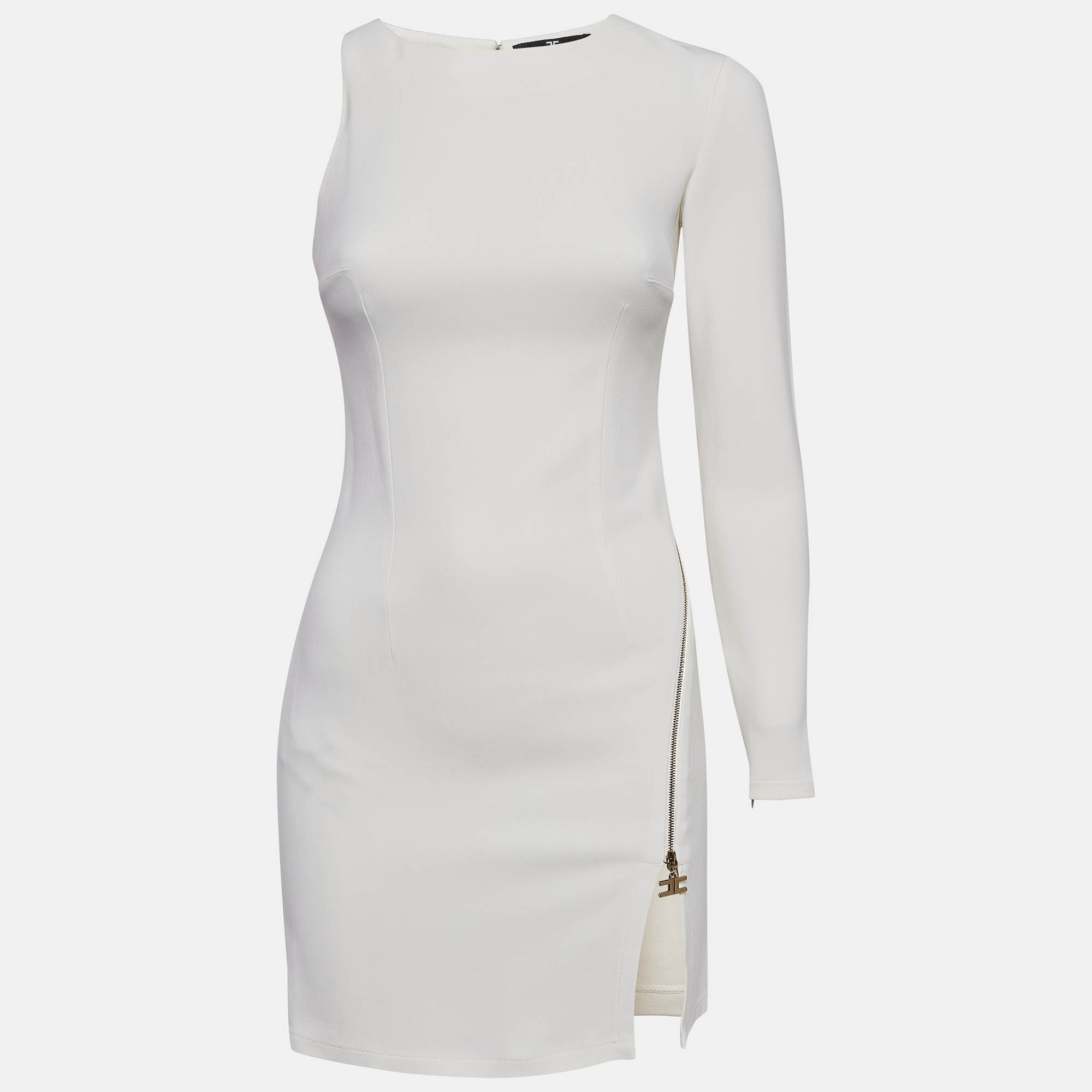 Elisabetta Franchi White Stretch Knit Asymmetric Sleeve Mini Dress S