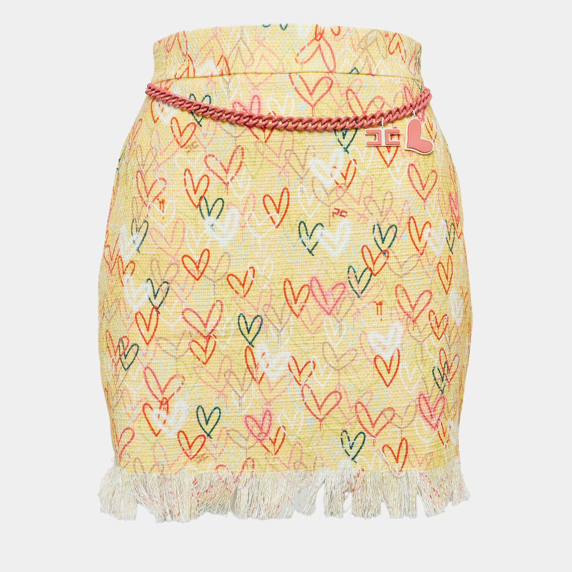 Elisabetta Franchi Yellow Hearts print Cotton Canvas Fringed Mini Skirt S