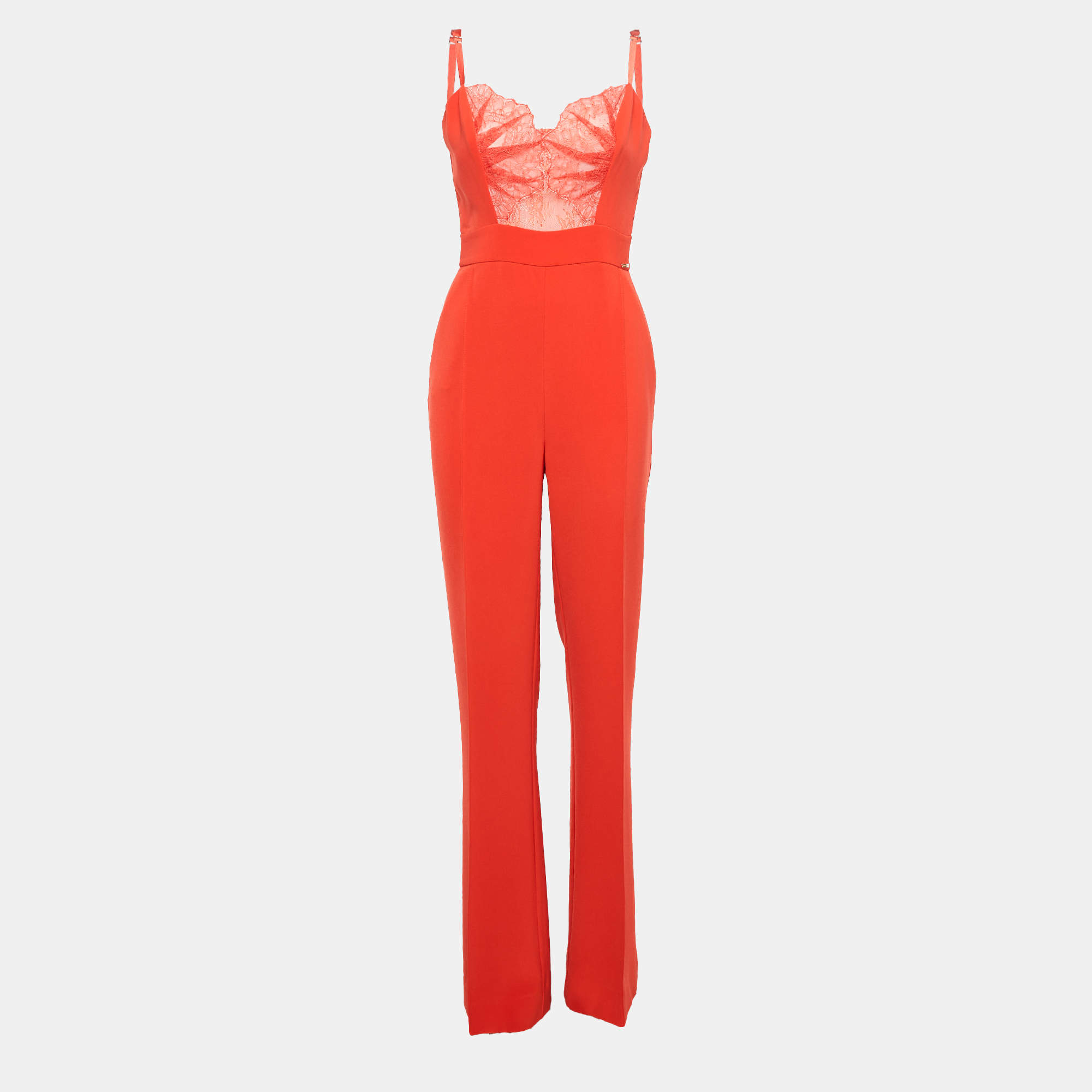 Pre Owned Elisabetta Franchi Orange Crepe Lace Trimmed Jumpsuit XL