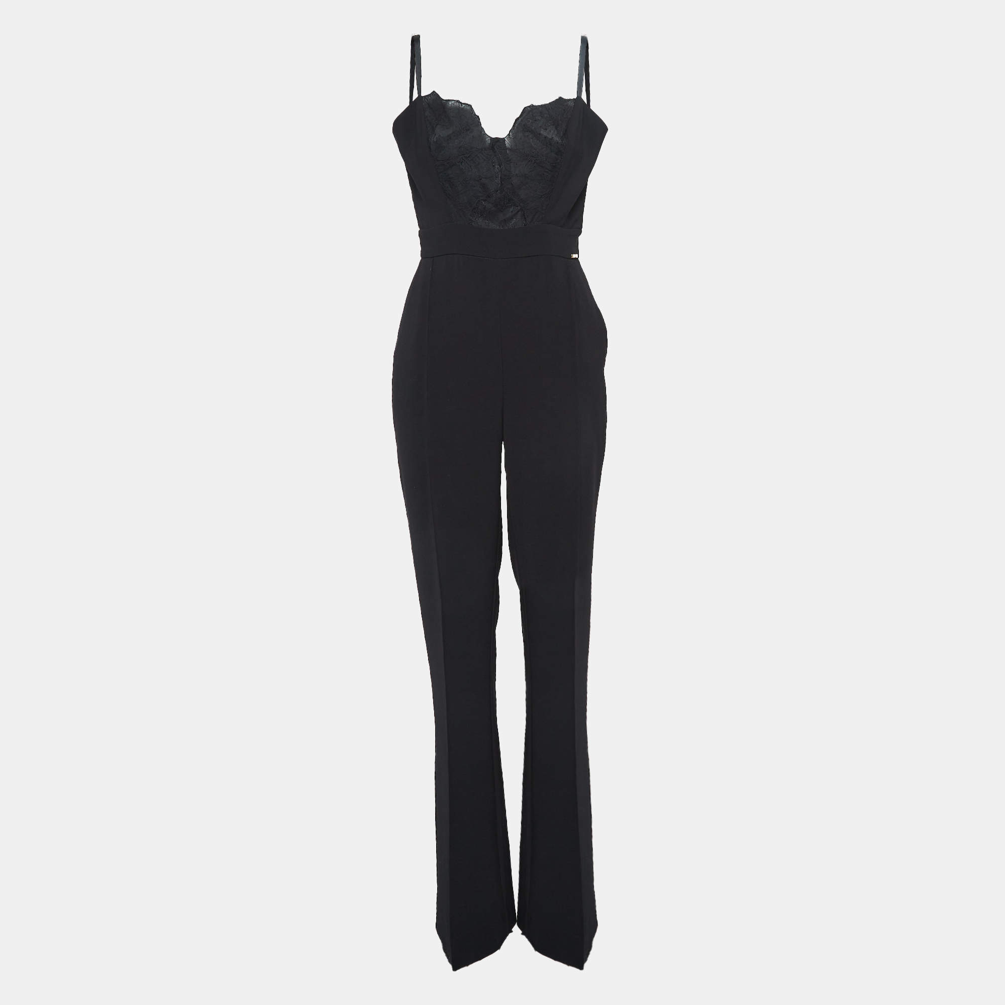Pre Owned Elisabetta Franchi Black Crepe Lace Trimmed Jumpsuit XL