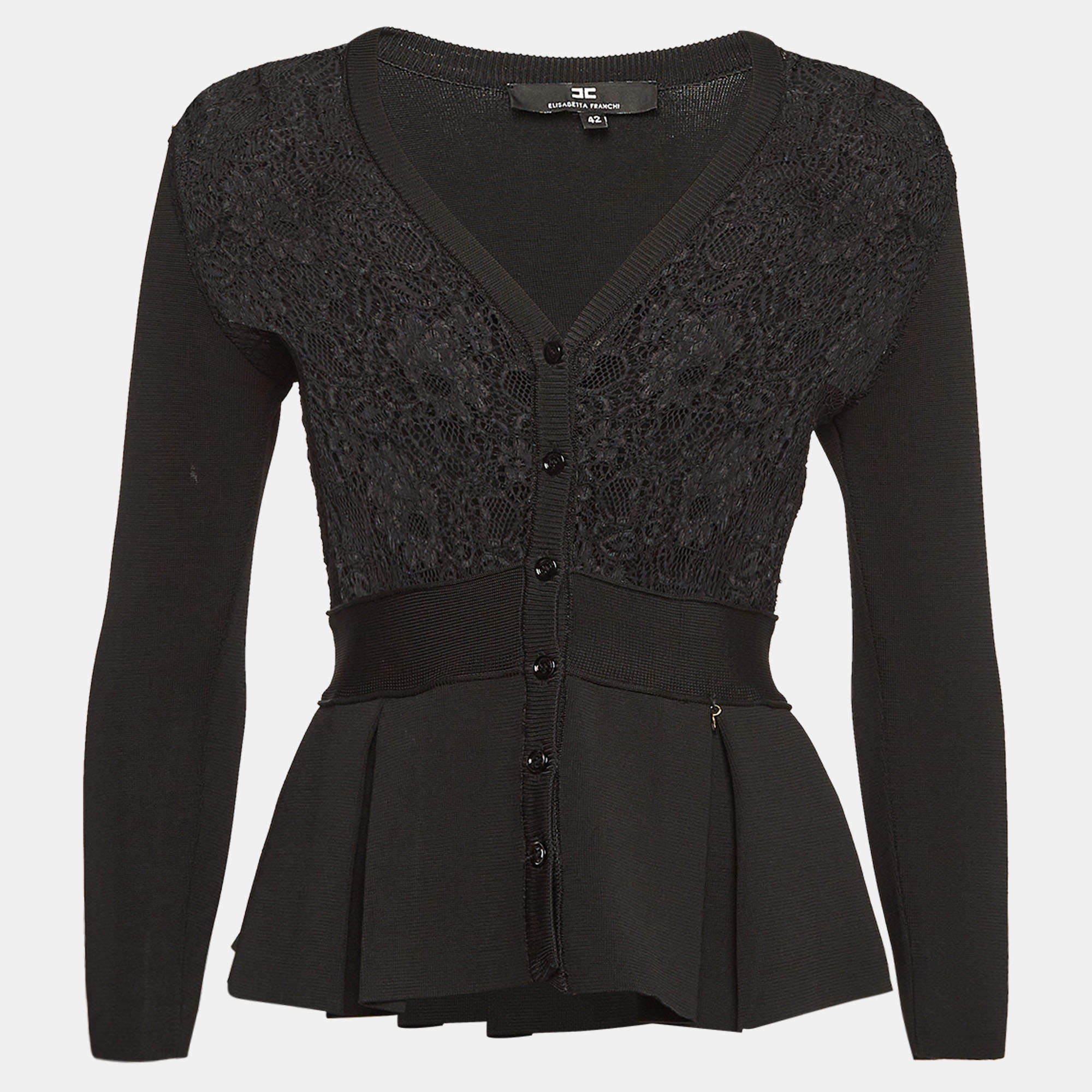 Elisabetta Franchi Black Lace and Knit Pleated Cardigan M