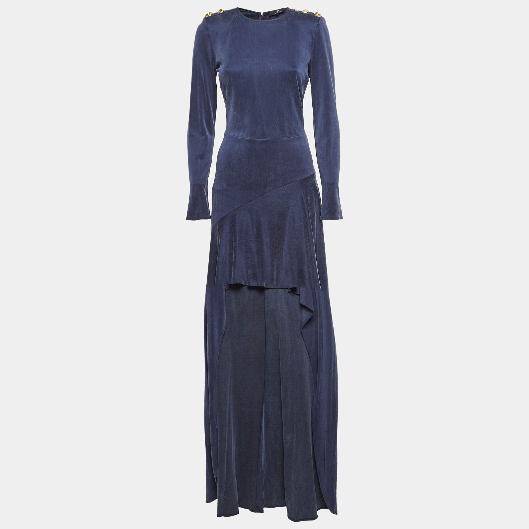 Pre Owned Elisabetta Franchi Blue Corduroy High-Low Flared Dress M