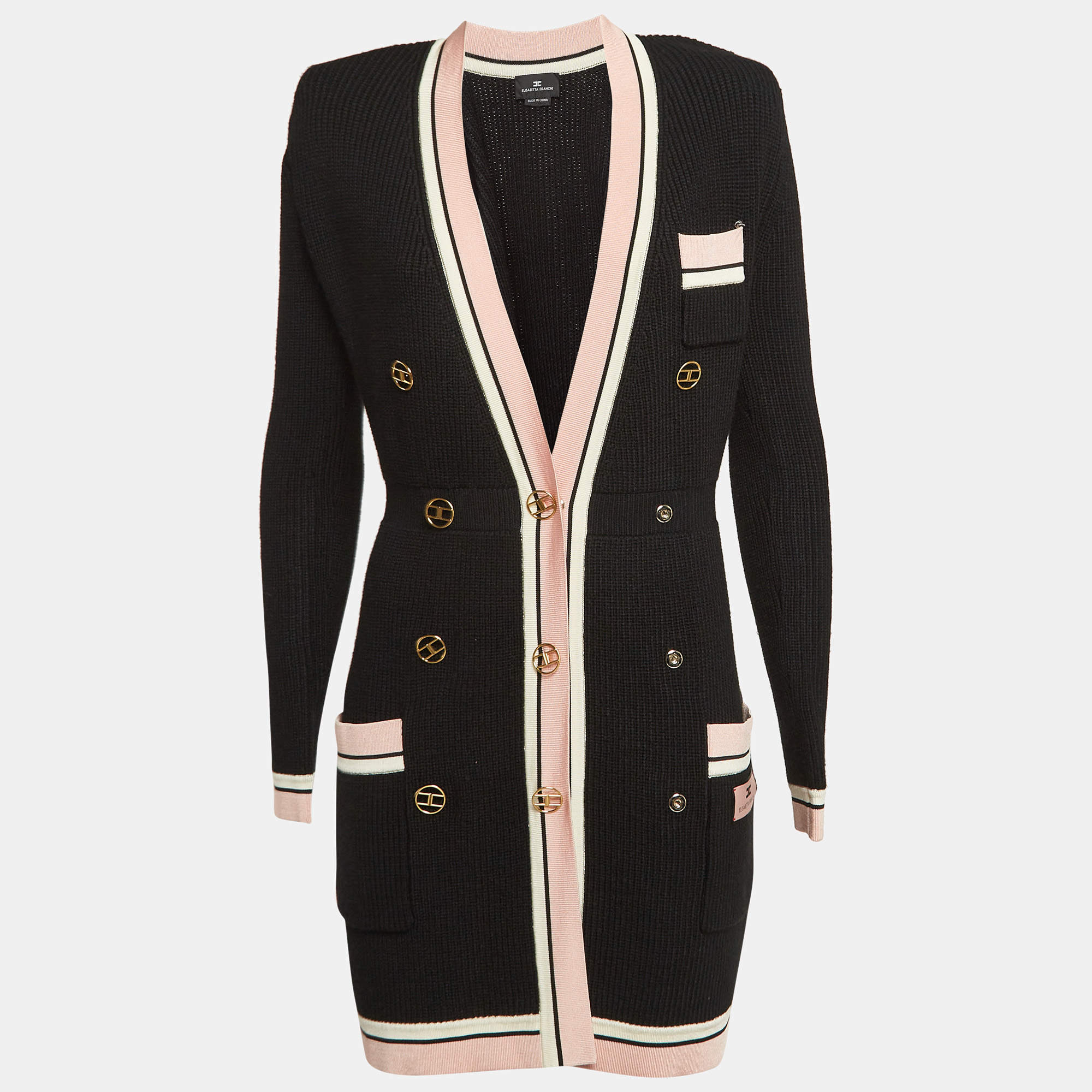 Pre Owned Elisabetta Franchi Black Rib Knit Double Breasted Sweater Dress S