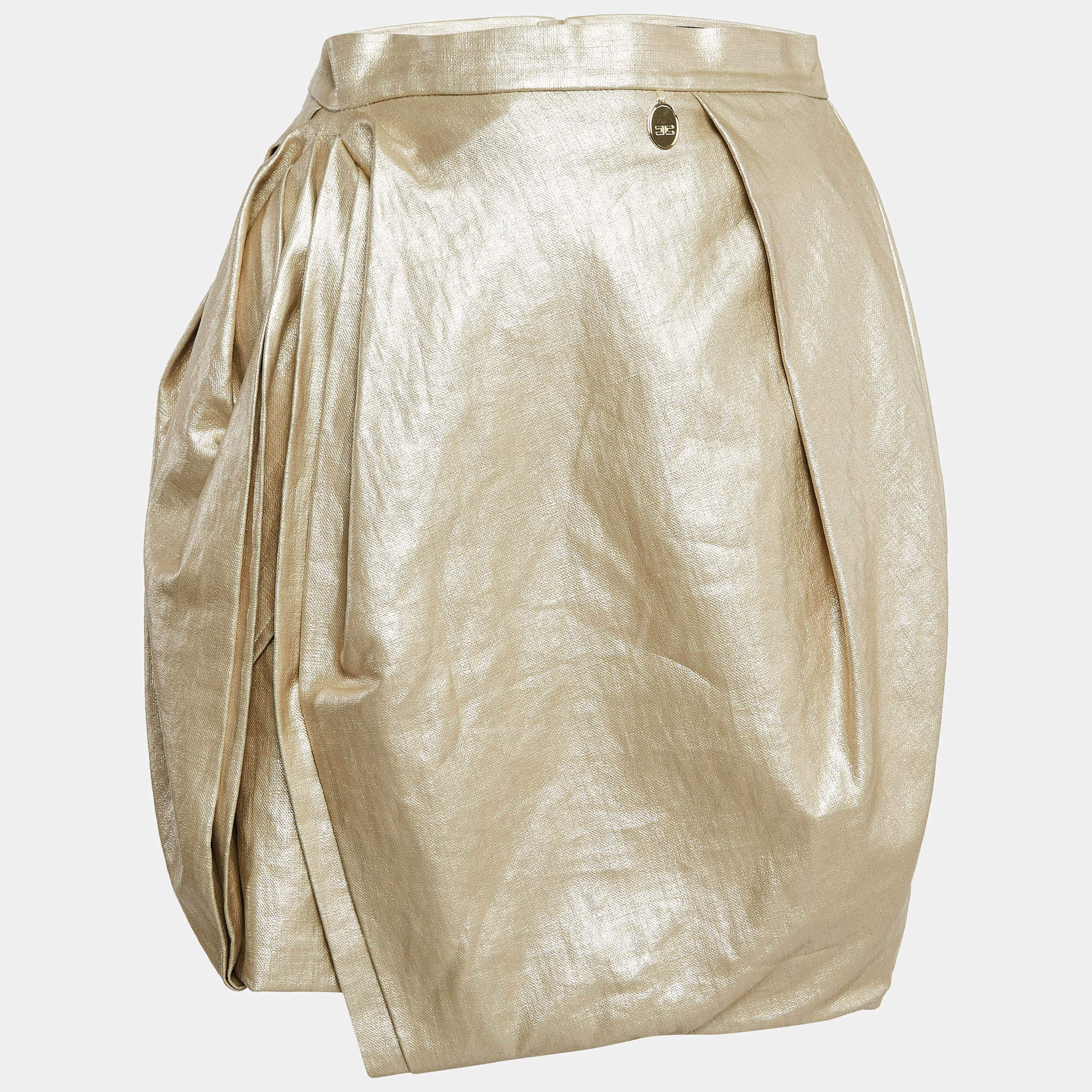 Pre Owned Elisabetta Franchi Gold Linen Draped Mini Skirt L
