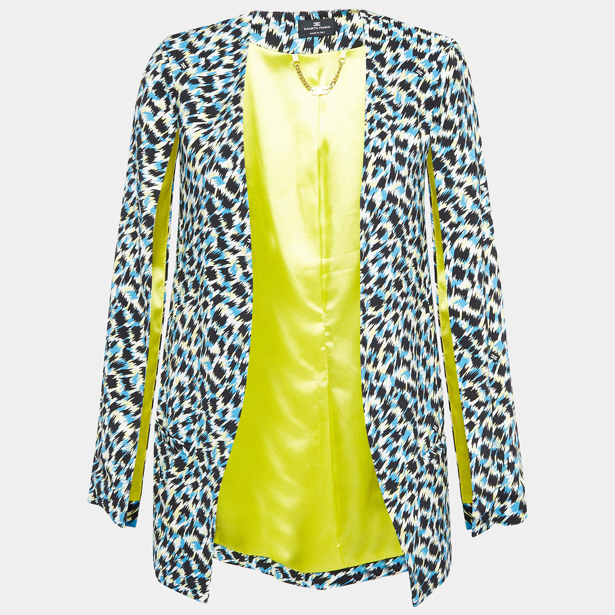 Pre Owned Elisabetta Franchi Blue Printed Jersey Cape Sleeve Open Front Jacket S