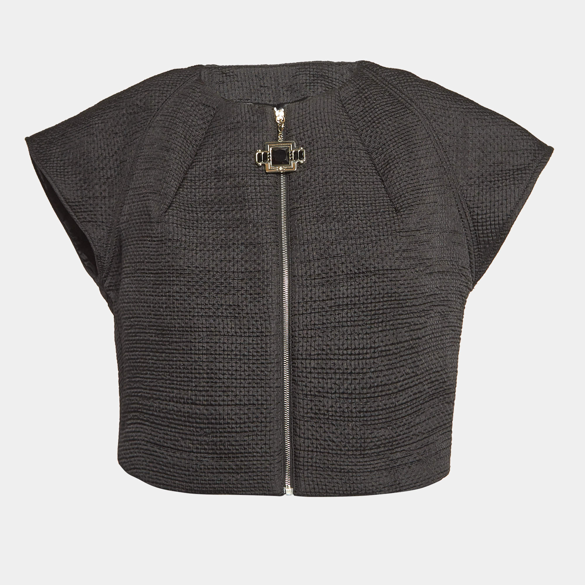 Elisabetta Franchi Gold Black Crinkle Crepe Zip-Up Top S