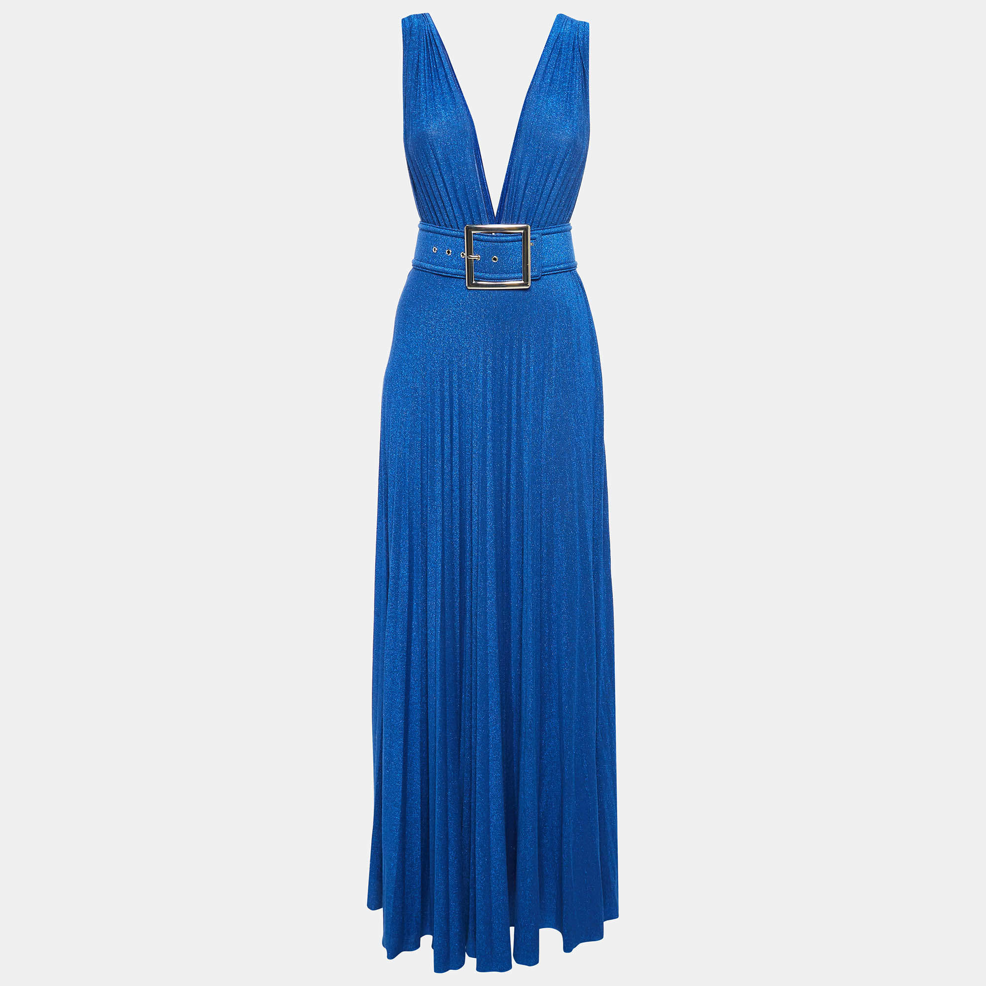 Pre Owned Elisabetta Franchi Blue Lurex Jersey Plunging Neck Plisse Maxi Dress S
