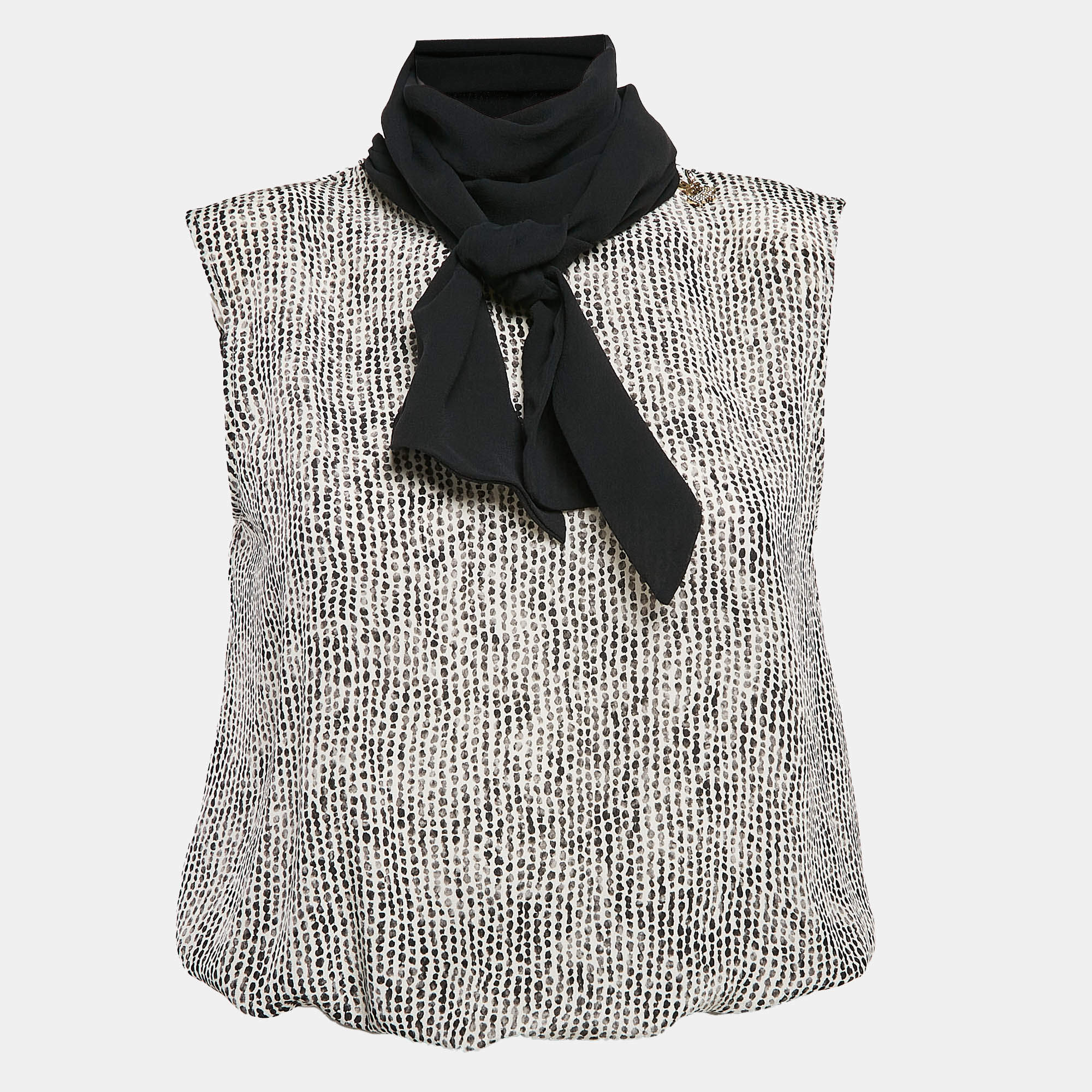 Pre Owned Elisabetta Franchi Black/White Printed Silk Bow Neck Top S