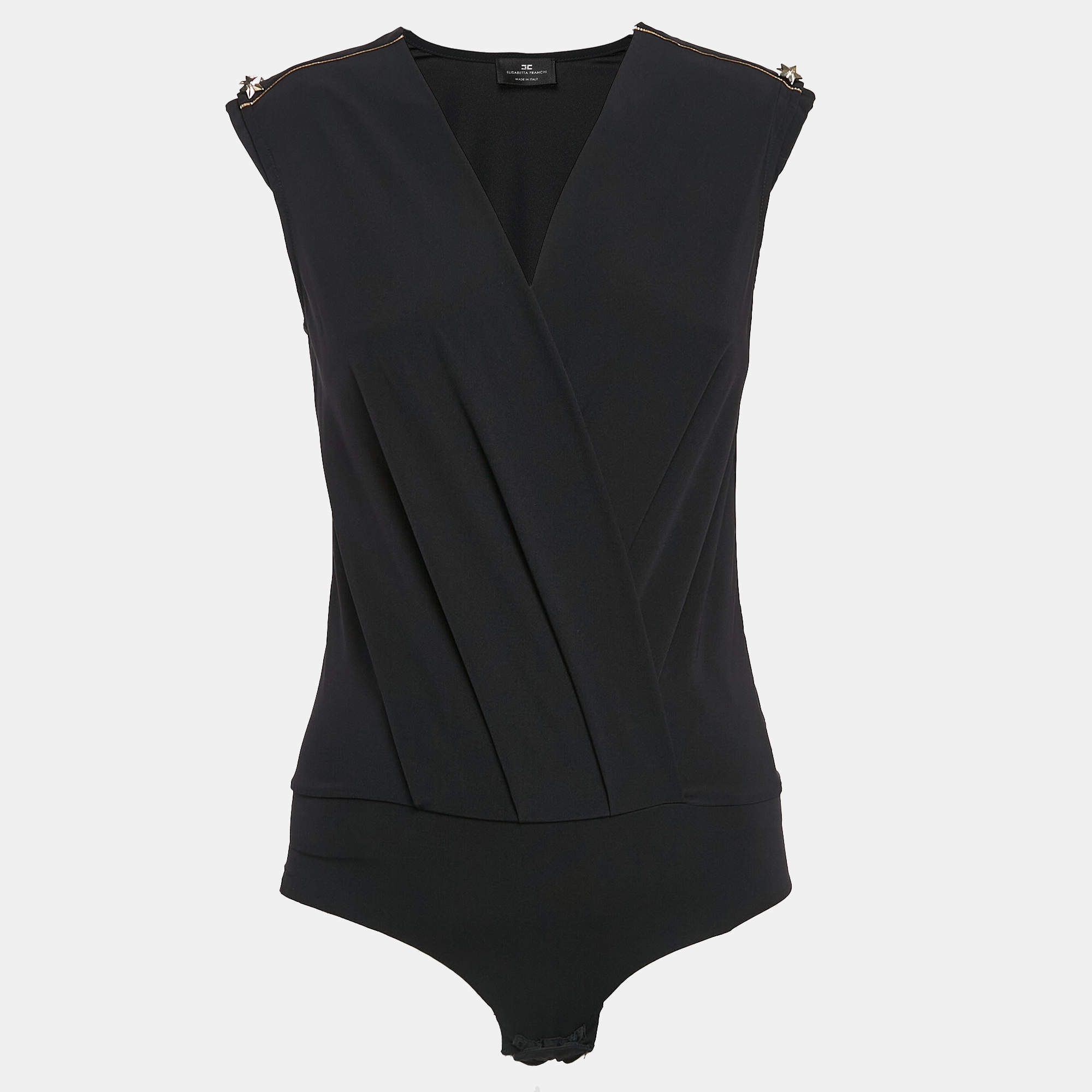 Pre Owned Elisabetta Franchi Black Crepe Shoulder Detail V-Neck Bodysuit M