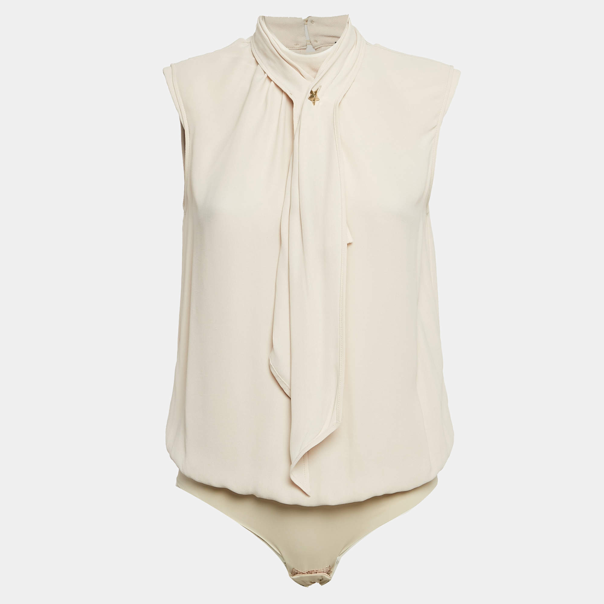 Pre Owned Elisabetta Franchi Cream Crepe Neck Bow Detail Bodysuit M