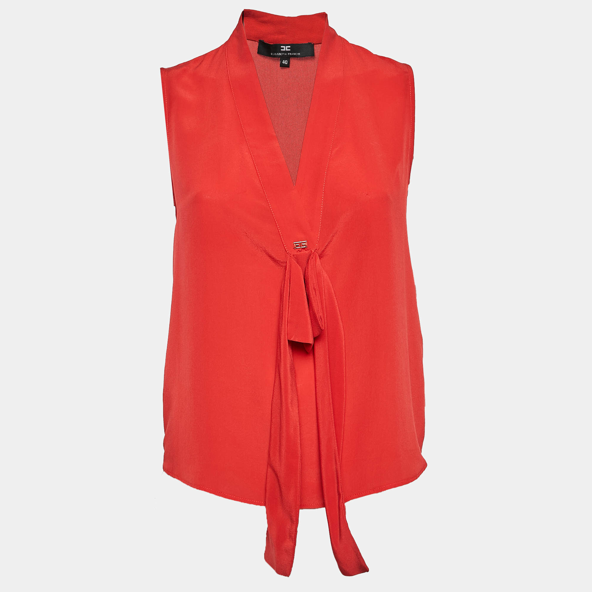 Elisabetta Franchi Red Crepe V-Neck Bow Detail Top M