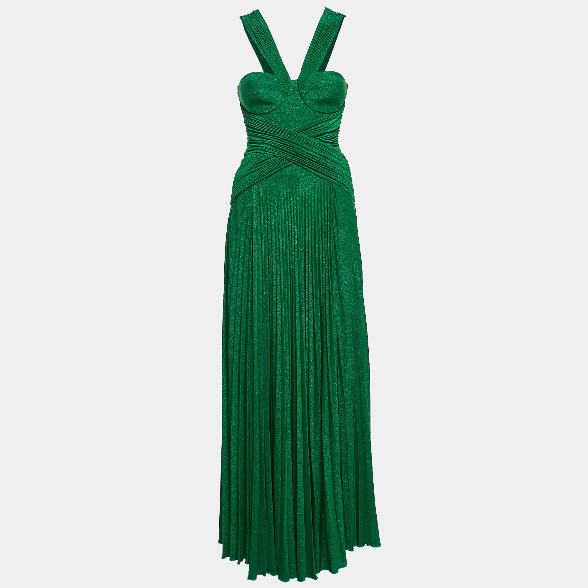 Pre Owned Elisabetta Franchi Green Lurex Knit Pleated Dress M
