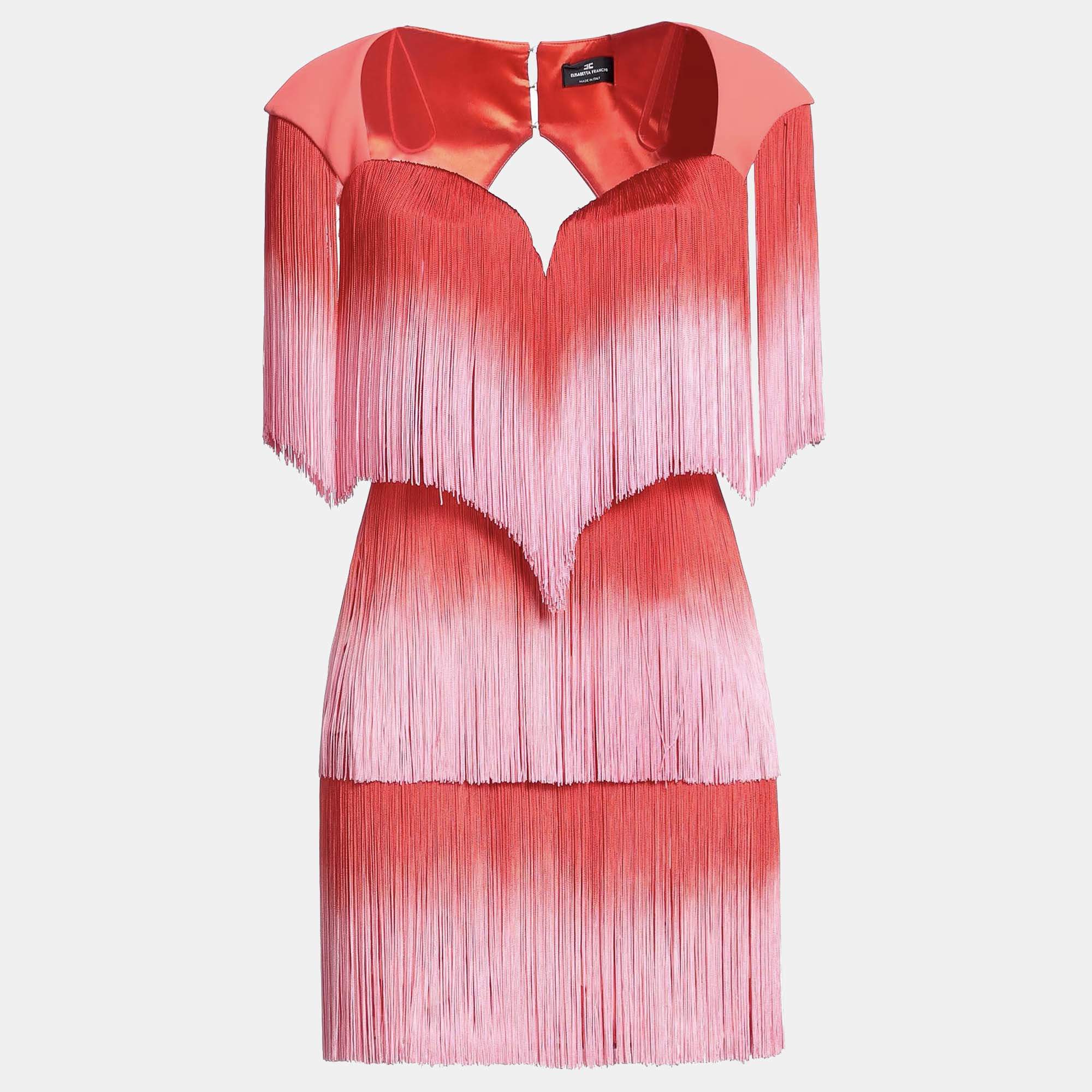 Pre Owned Elisabetta Franchi Red/Pink Printed Crepe and Fringe Mini Dress S