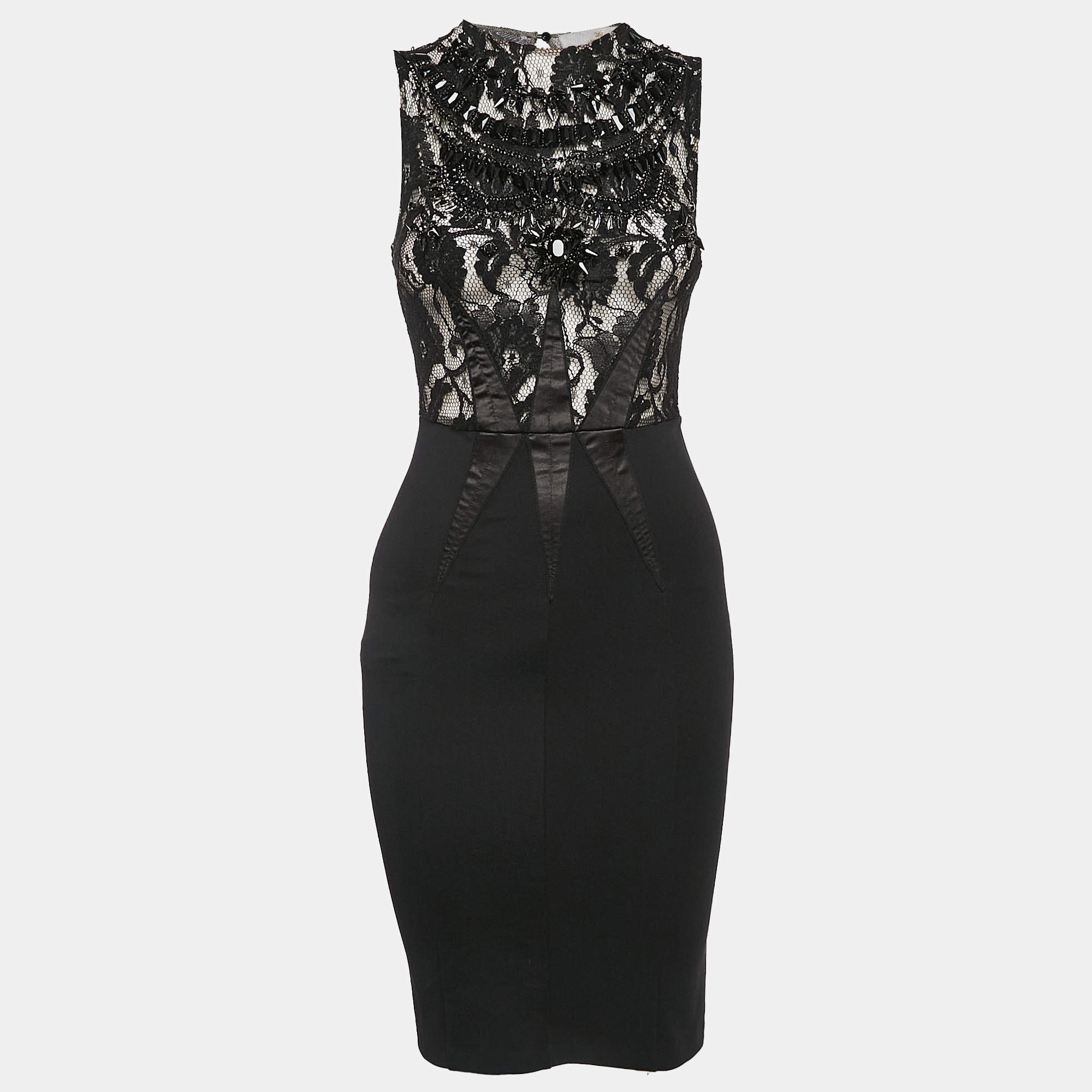 Pre Owned Elisabetta Franchi Gold Black Embellished Lace and Jersey Mini Dress M