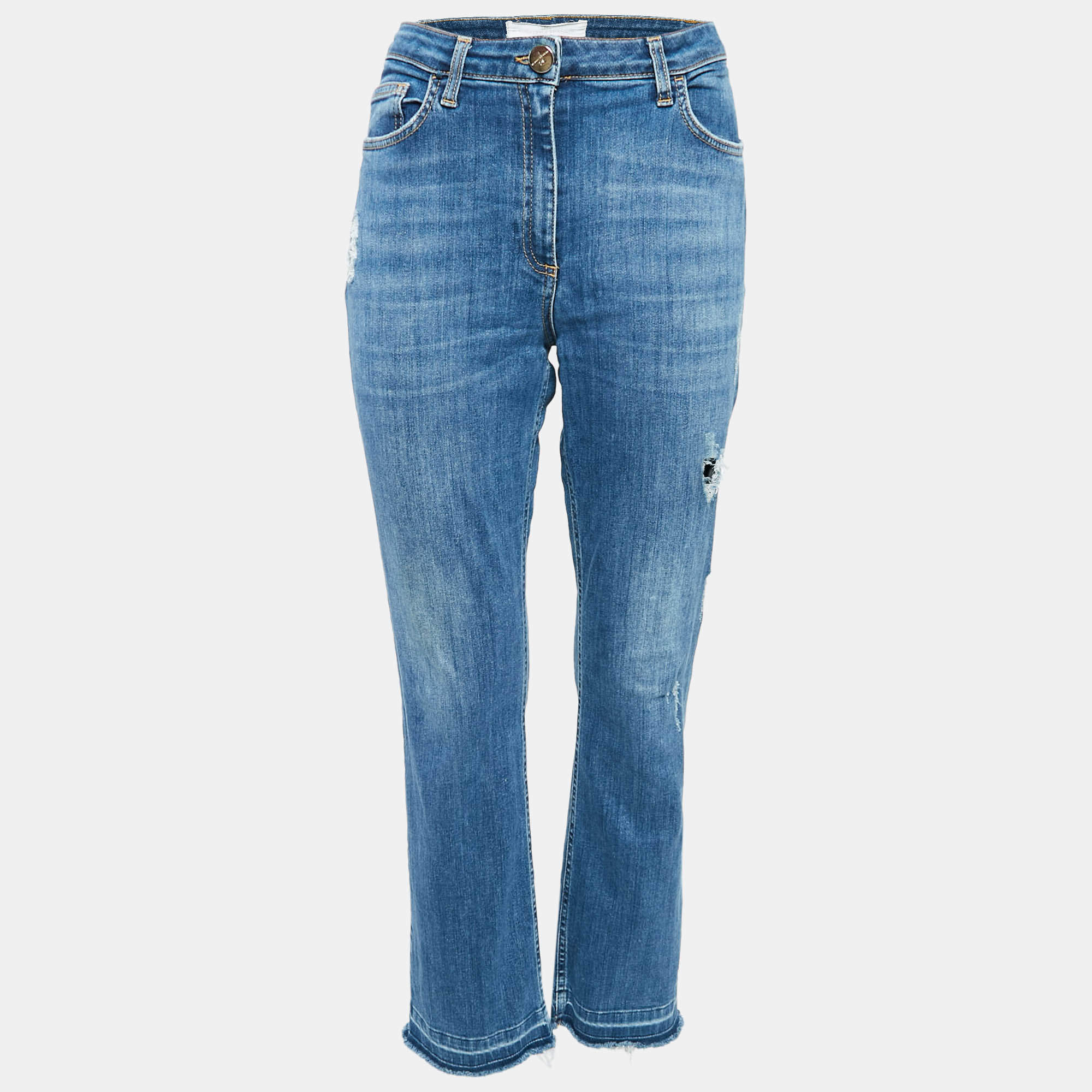Elisabetta Franchi Blue Ripped Denim Straight-Leg Jeans L Waist 31"