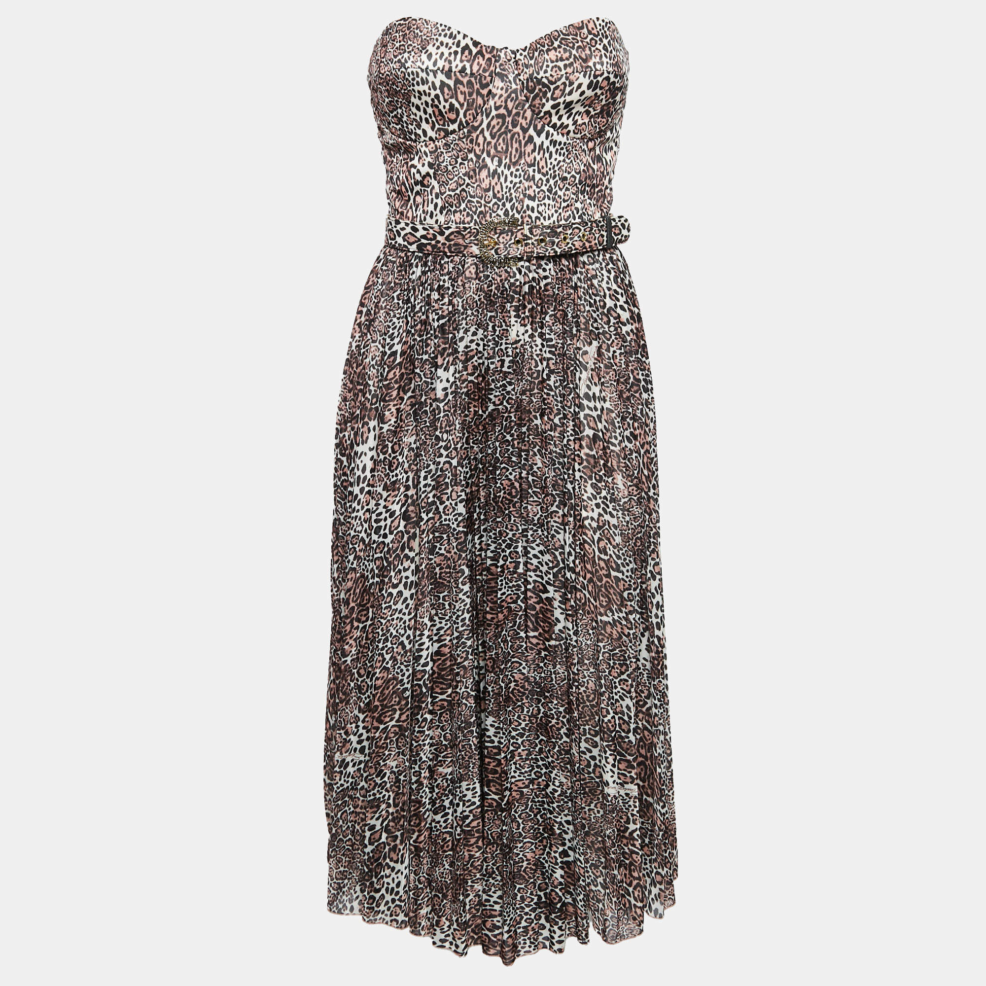 Pre Owned Elisabetta Franchi Brown Leopard Print Off-Shoulder Belted Midi Dress L