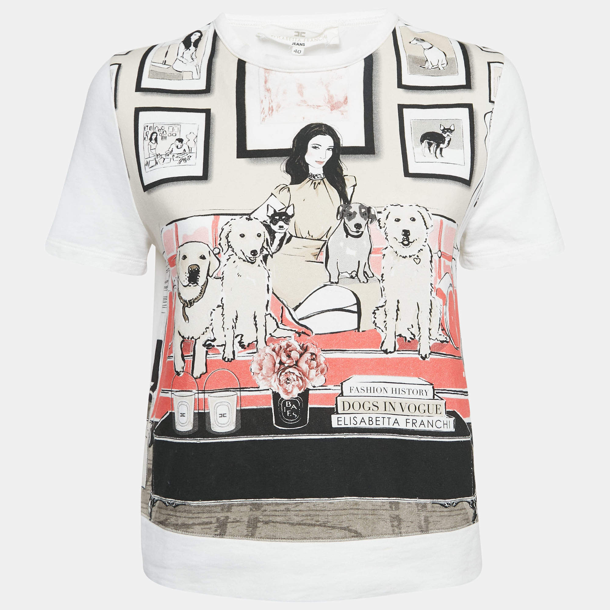 Pre Owned Elisabetta Franchi  White Dogs In Vogue Print Cotton and Chiffon T-Shirt S