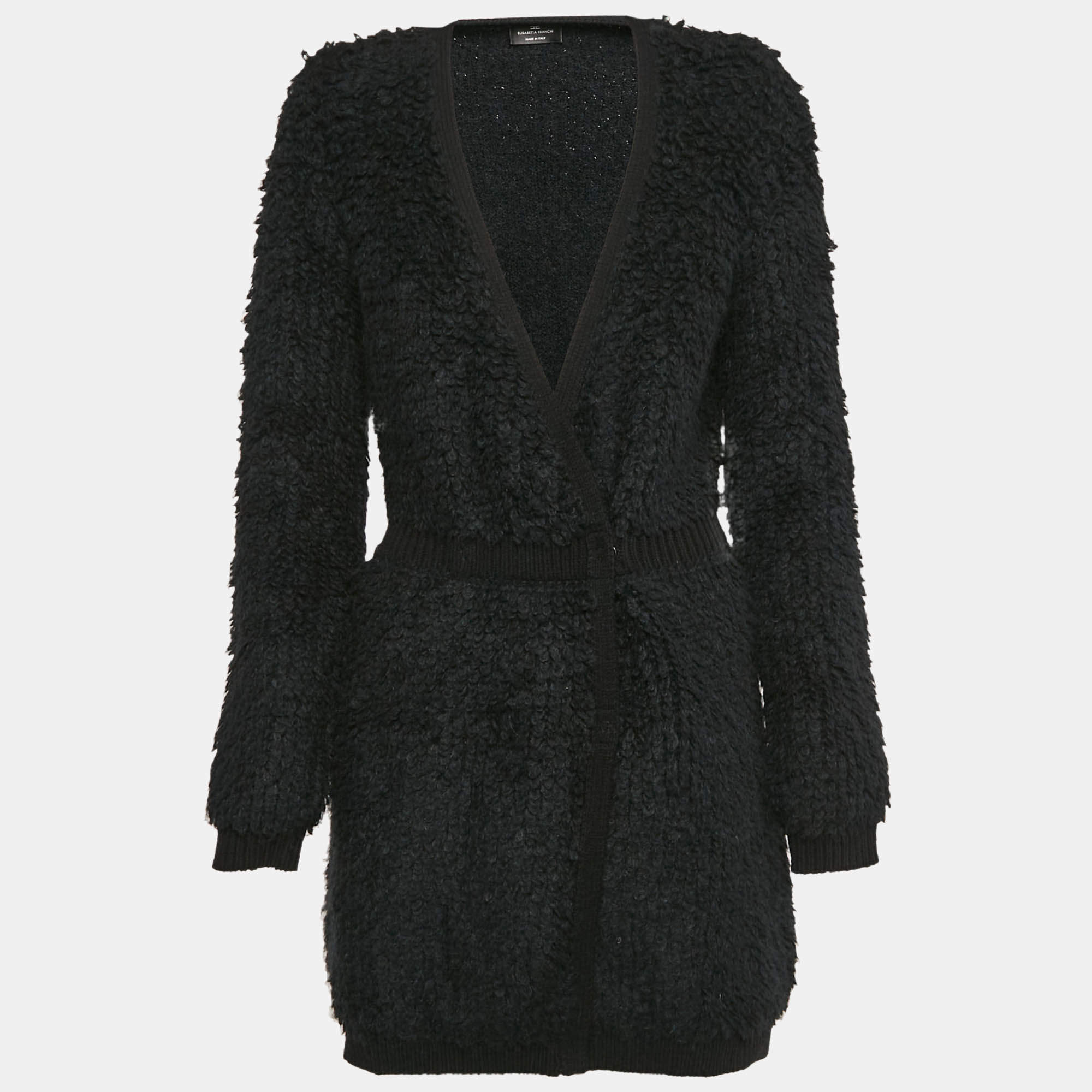 Pre Owned Elisabetta Franchi Black Wool Blend Knit Double Breasted Mini Dress L