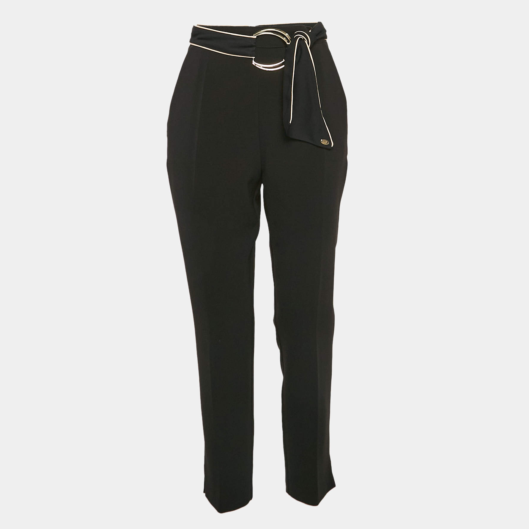 Elisabetta Franchi Black Contrast Trim Crepe Embellished Belt Pants M