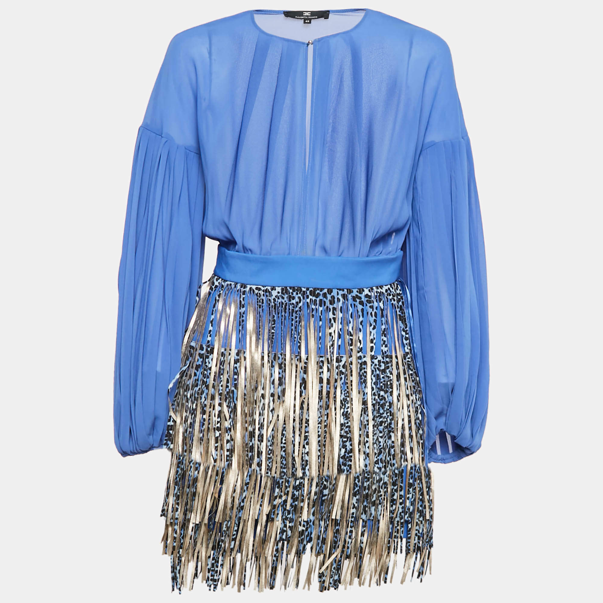 Pre Owned Elisabetta Franchi Blue Crepe Detachable Fringed Skirt Mini Dress M