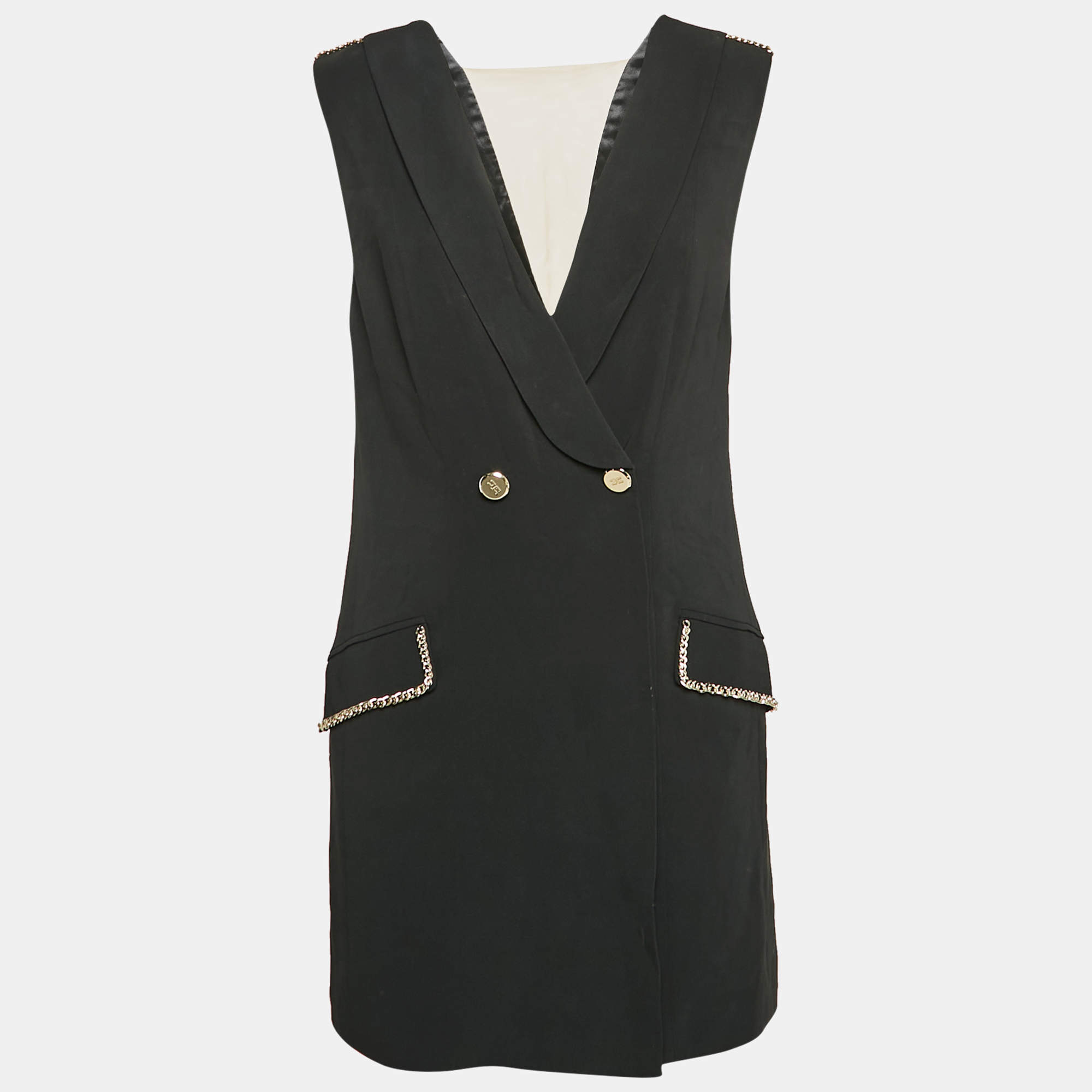 Pre Owned Elisabetta Franchi Black Crepe Double Breasted Vest Dress M