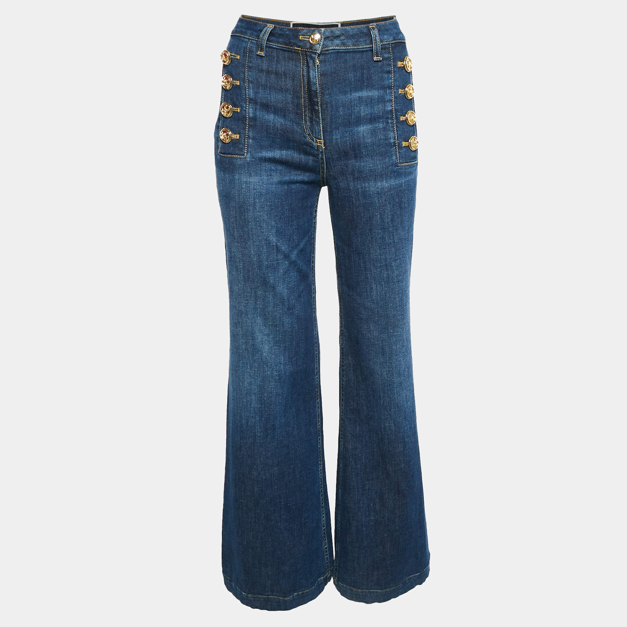 Elisabetta Franchi Blue Washed Denim Embellished Button Jeans S Waist 26"