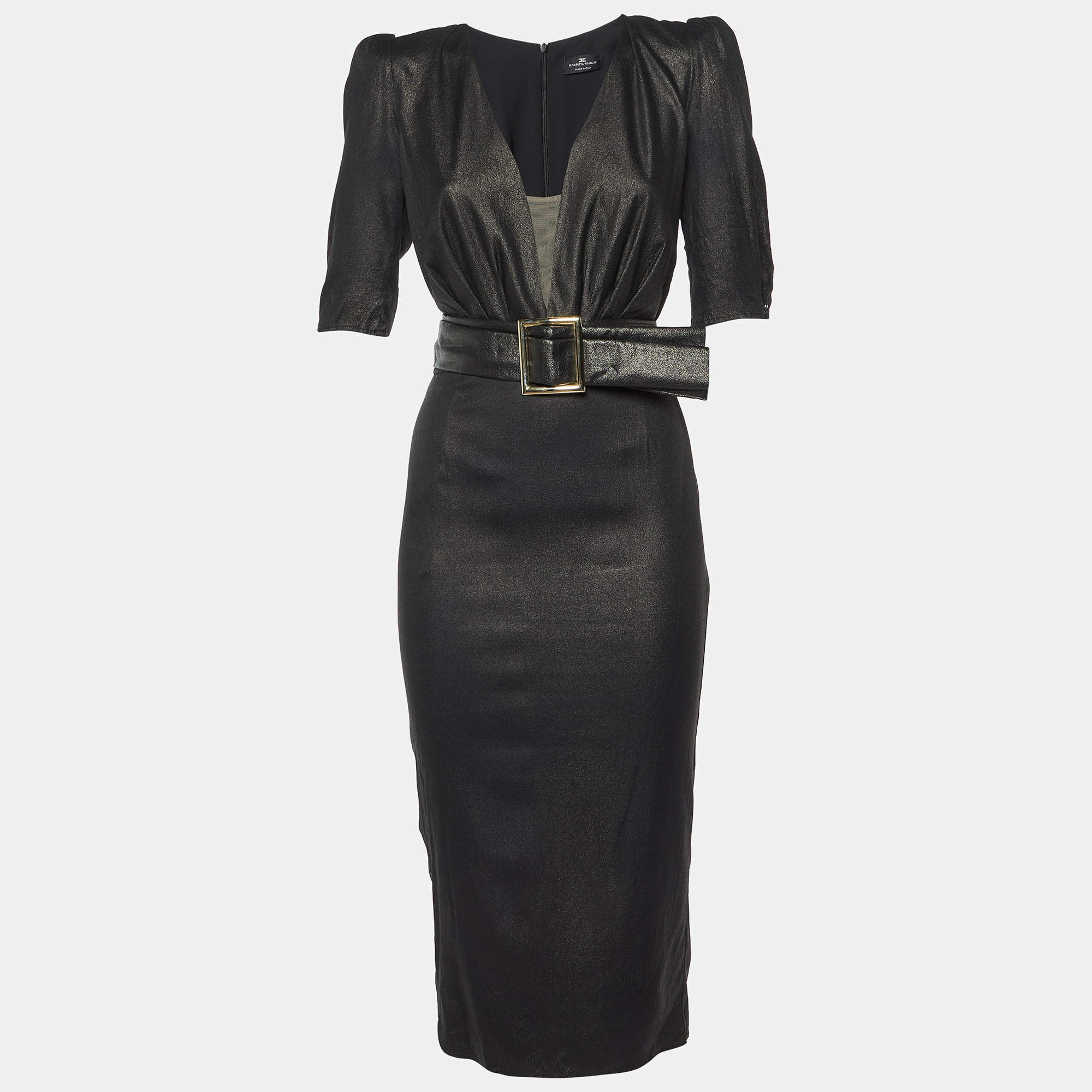 Pre Owned Elisabetta Franchi Black Coated Crepe Belted Midi Dress M