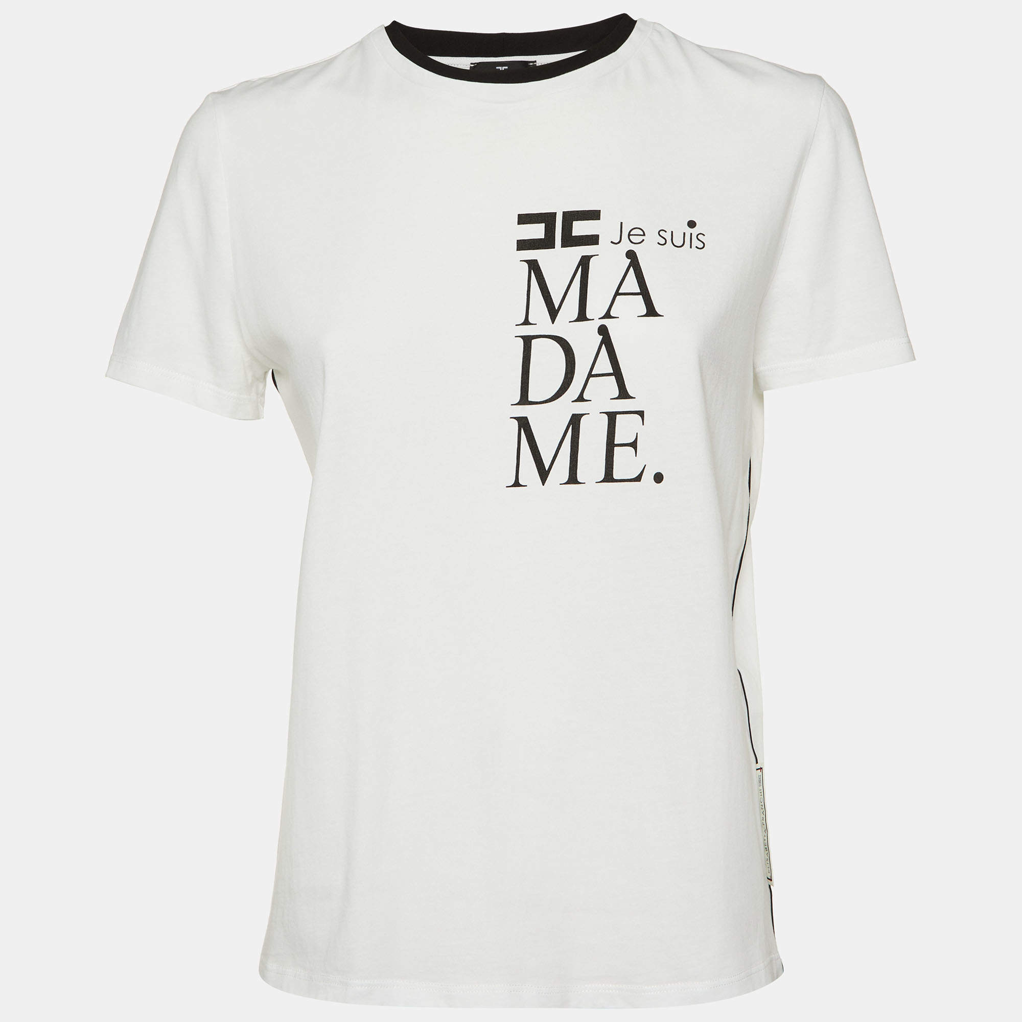 Pre Owned Elisabetta Franchi White Printed Cotton Crew Neck T-Shirt L