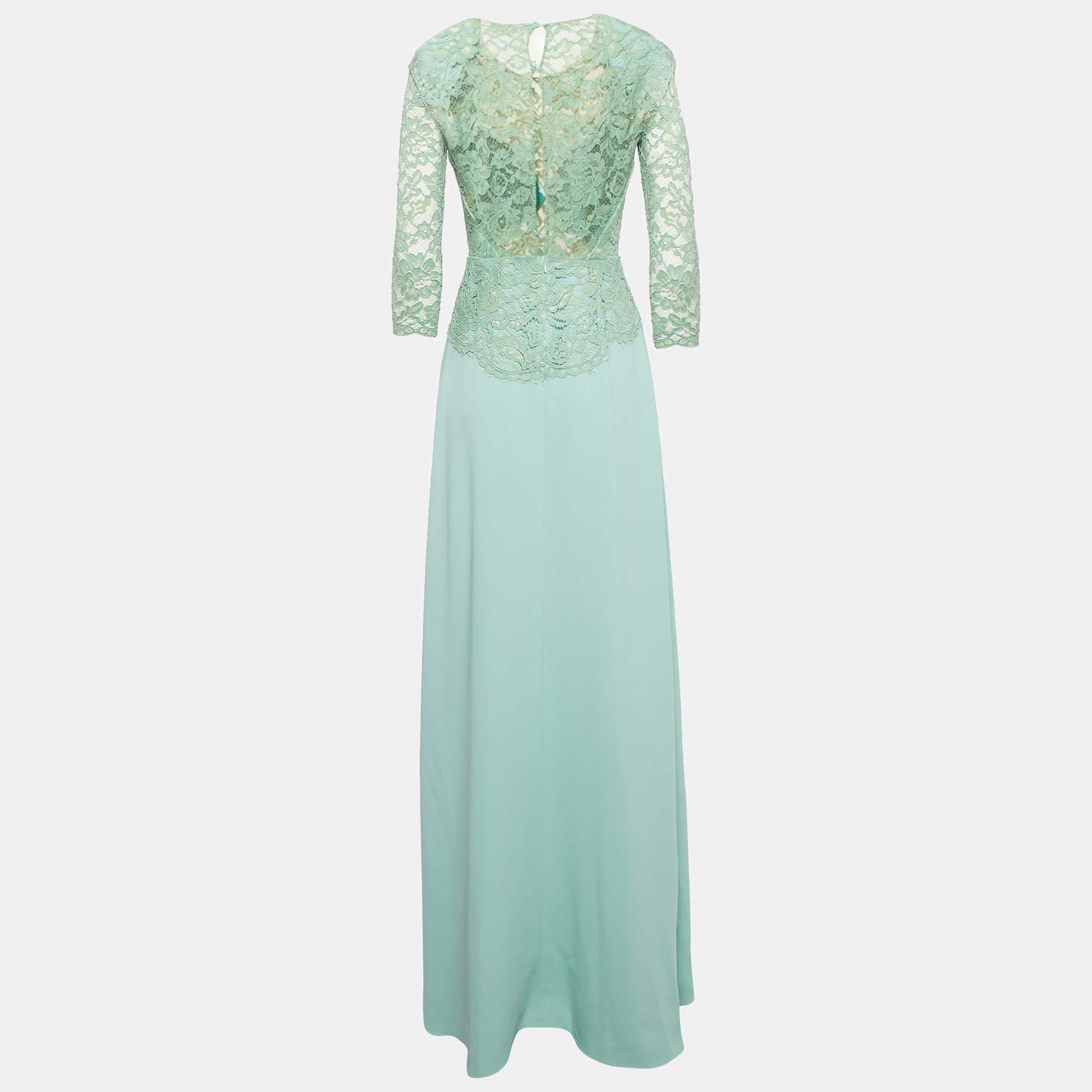 Pre Owned Elisabetta Franchi Mint Green Chiffon and Guipure Lace Bodice Maxi Dress M