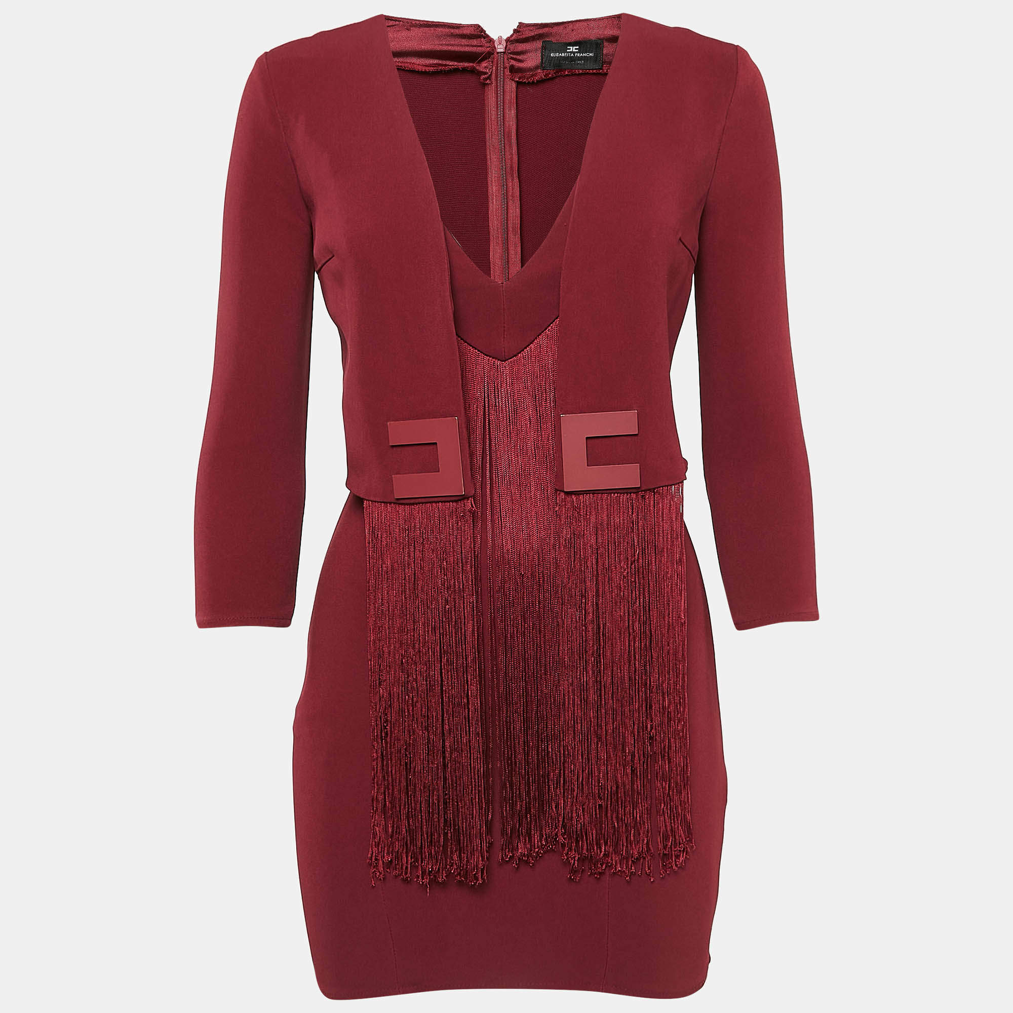 Pre Owned Elisabetta Franchi Burgundy Fringed Crepe Mini Dress S