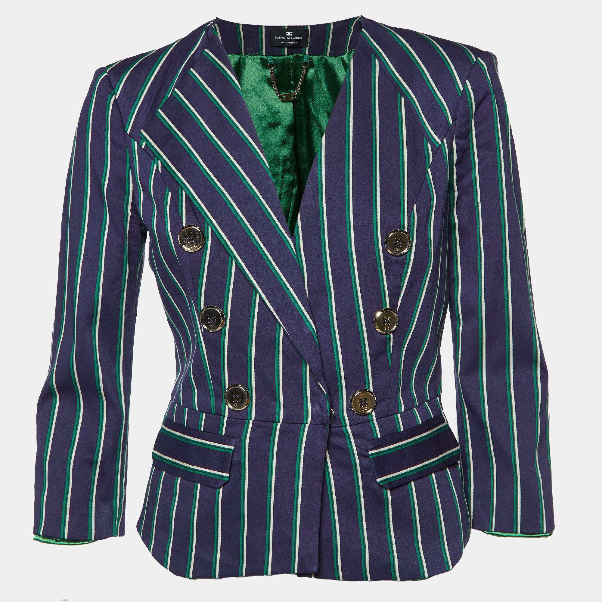 Pre Owned Elisabetta Franchi Navy Blue Striped Button Detail Blazer M