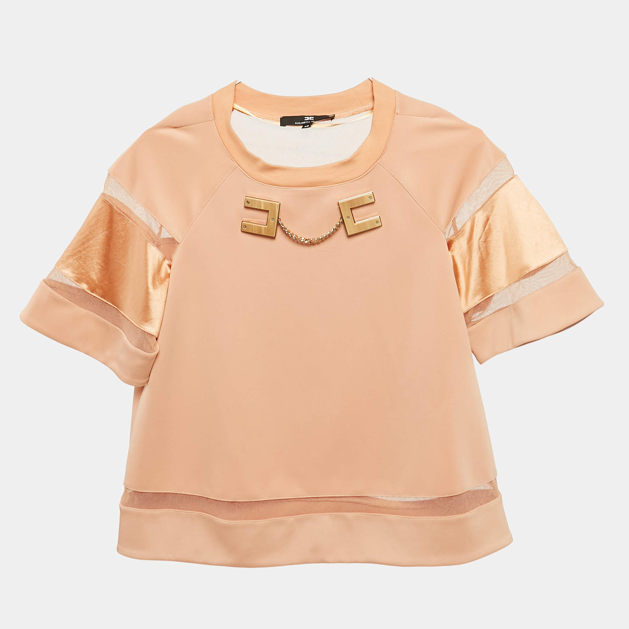 Pre Owned Elisabetta Franchi Light Orange Logo Plaque Tulle Trim Jersey Top S