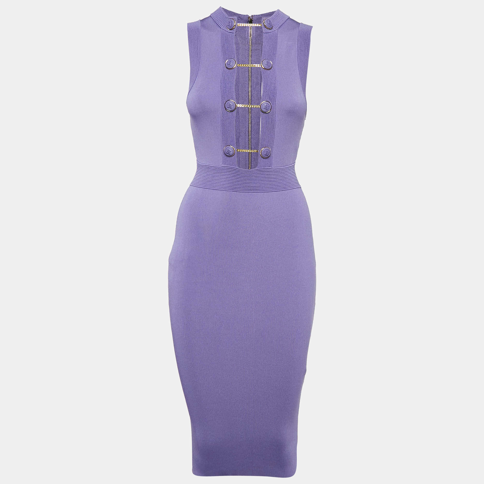 Pre Owned Elisabetta Franchi Lavender Chain Link Stretch Knit Sheath Dress s