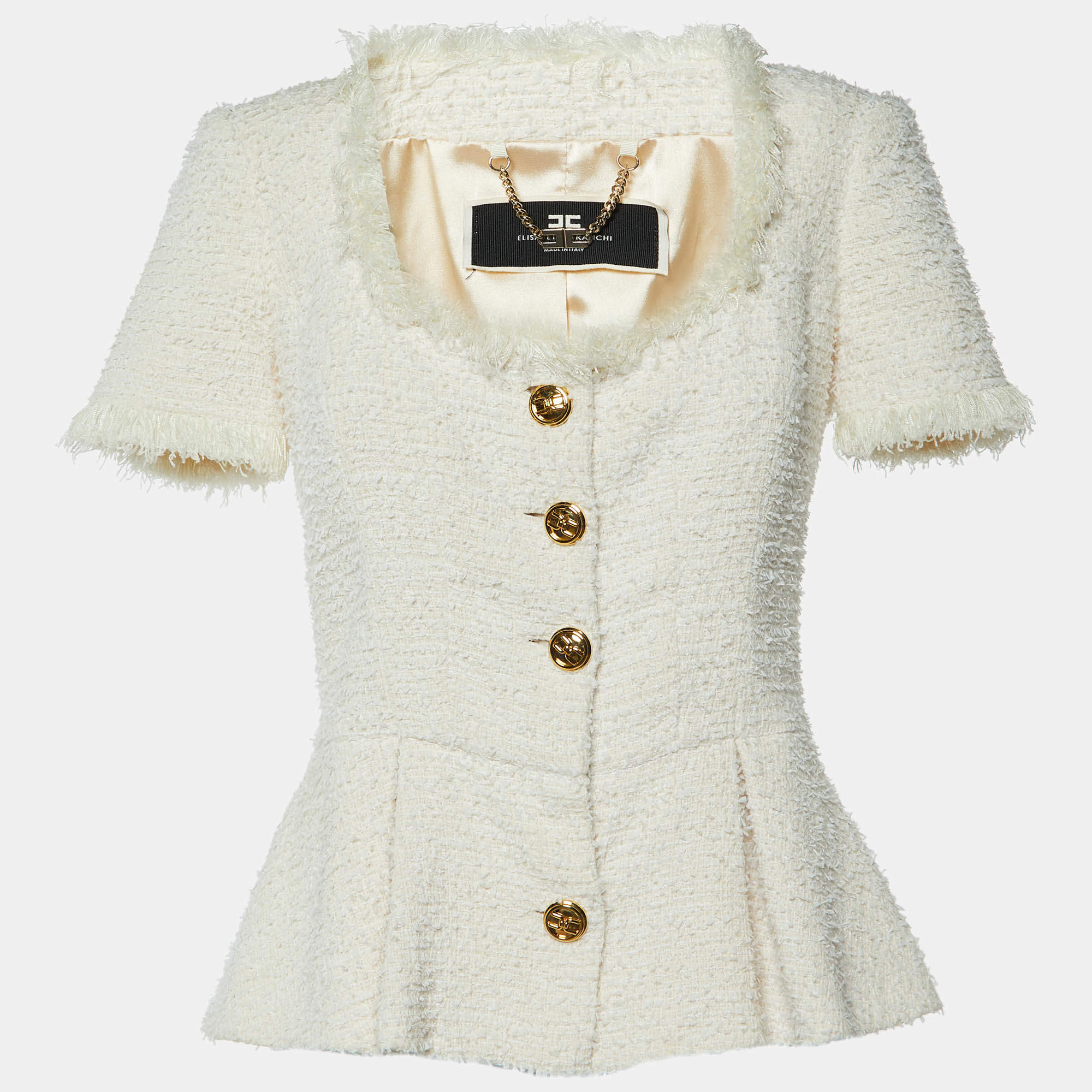 Elisabetta Franchi White Tweed Short Sleeve Peplum Jacket M