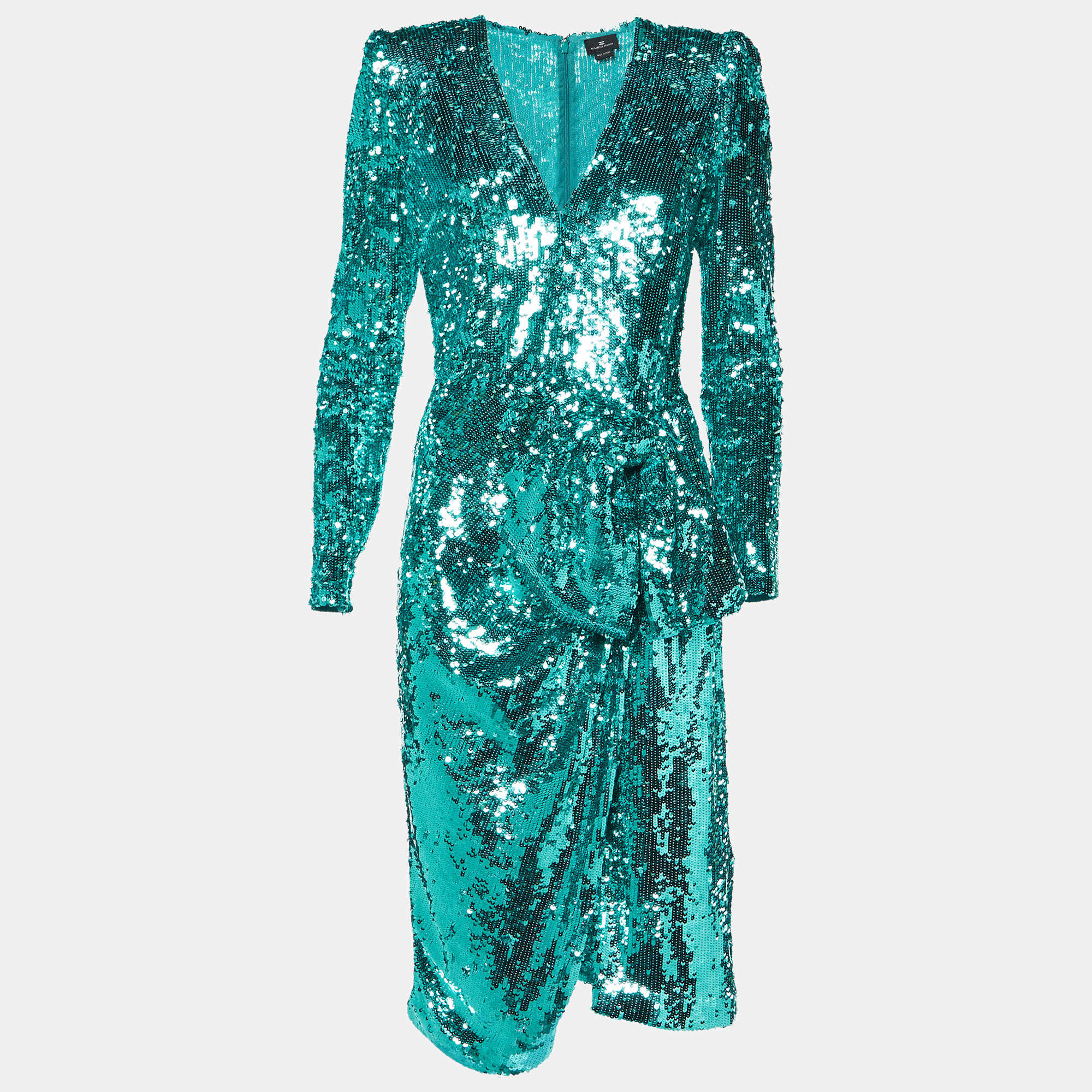 Pre Owned Elisabetta Franchi Blue Sequin Tulle Draped Midi Dress L