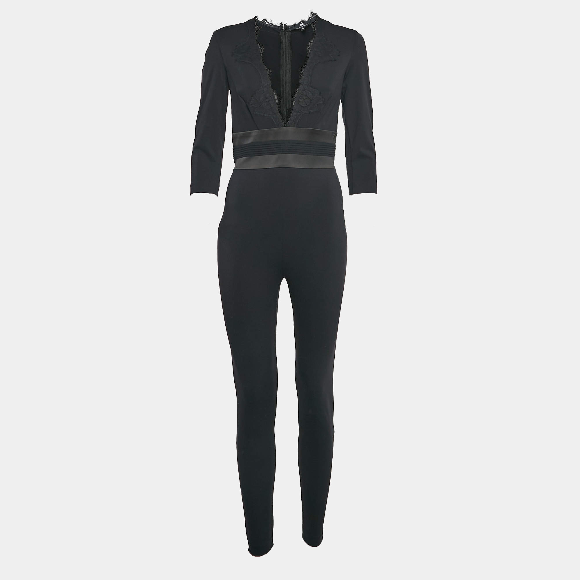 Elisabetta Franchi Black Lace Trim Jersey Plunging Neck Jumpsuit M
