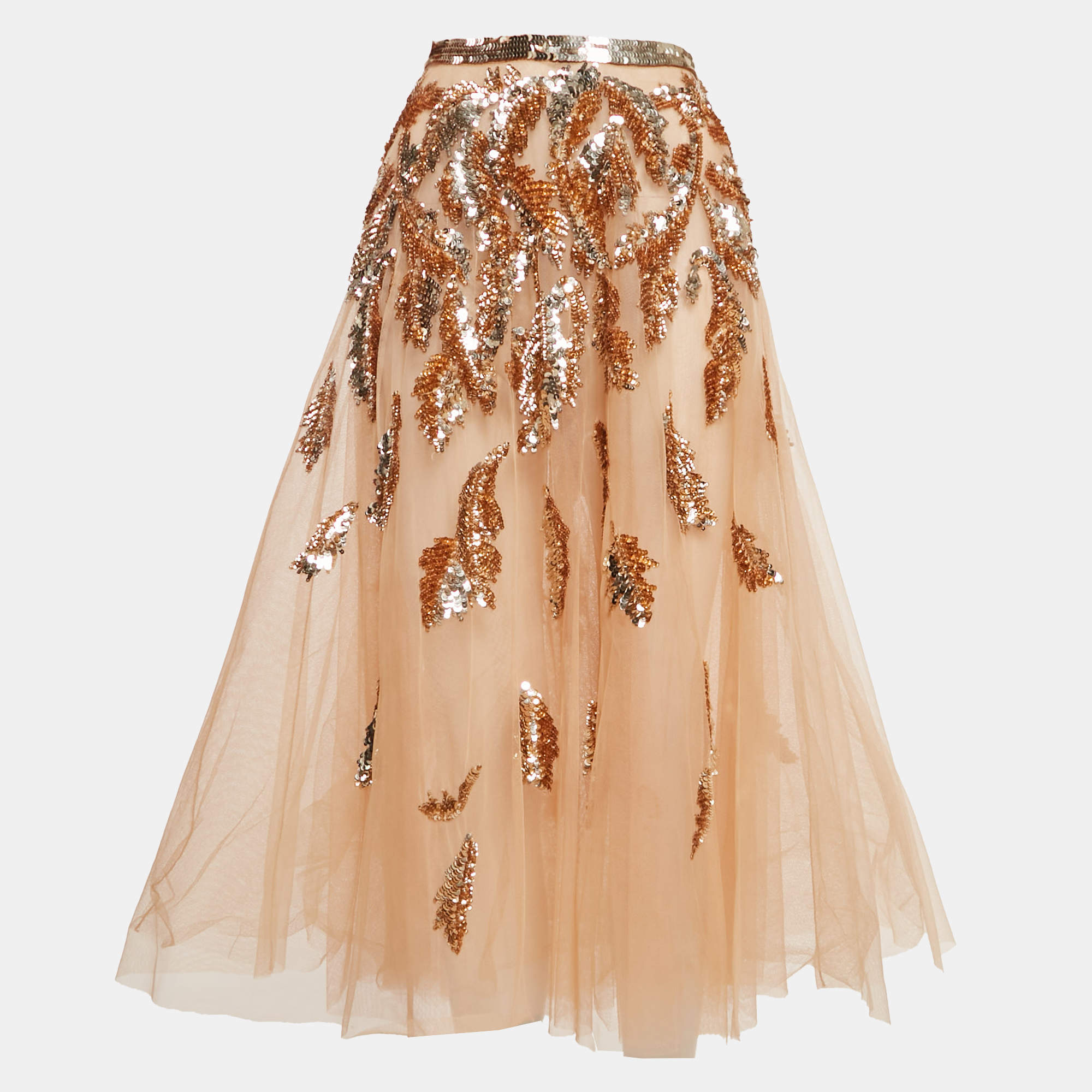 Pre Owned Elisabetta Franchi Beige Sequin Embellished Tulle Midi Skirt M